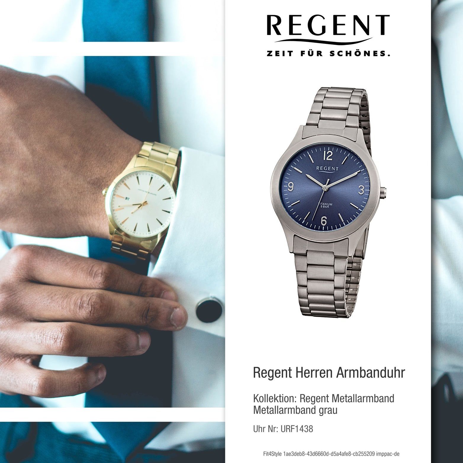 Regent Analog, extra rundes Metallarmband Quarzuhr Gehäuse, 37mm) (ca. Regent groß Herrenuhr grau, Herren Armbanduhr