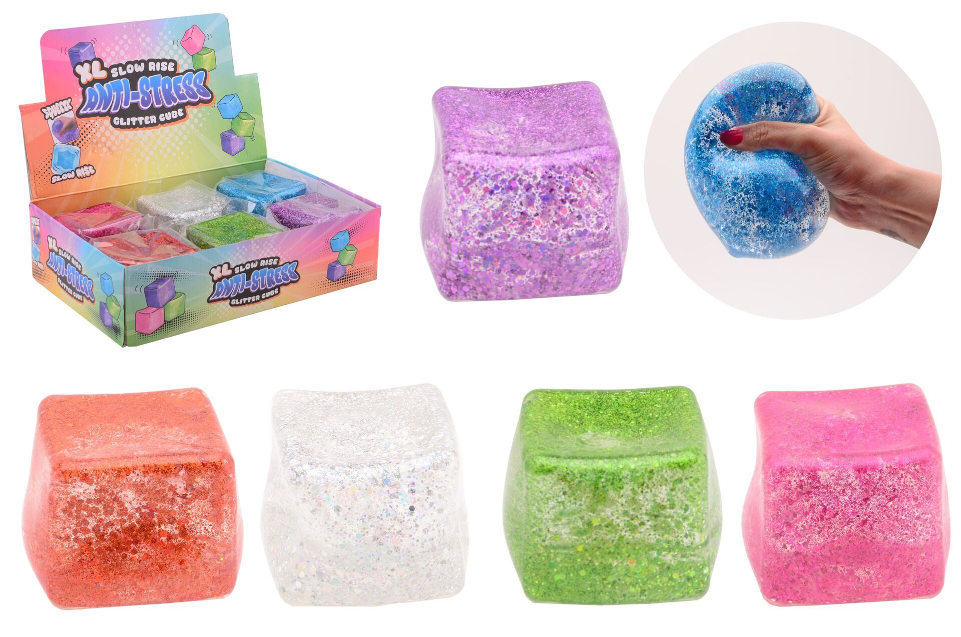 JOHNTOY Spiel XXL Glitzer-Würfel 9cm - Johntoy Squeeze Toy ab 3 Jahren
