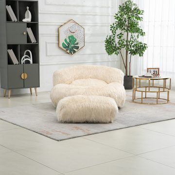 FUROKOY Sitzsack Sitzsackstuhl mit Fußstütze,Wohnzimmer-Sessel Lazy Sofa, (Modernes Schlafsofa, Weiche flauschige Kunstpelz Sitzsack), Einzelsessel mit Armlehnen,Beige