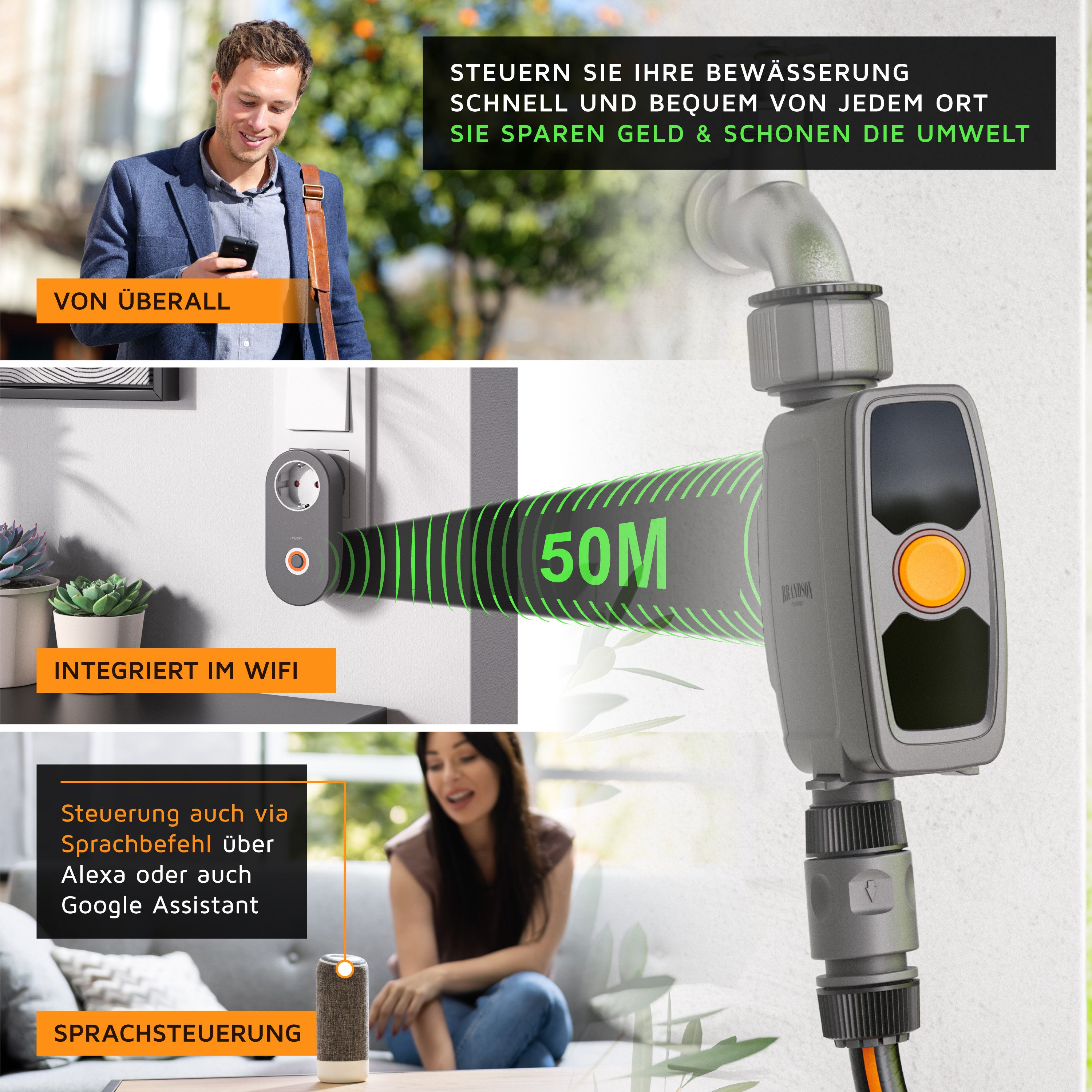 Brandson Bewässerungssteuerung WLAN Bewässerungsuhr, Wasserzeitschaltuhr, automatische Bewässerung, (Set), Bewässerungscomputer mit Wifi Verbindungssteckdose, Bewässerungssystem
