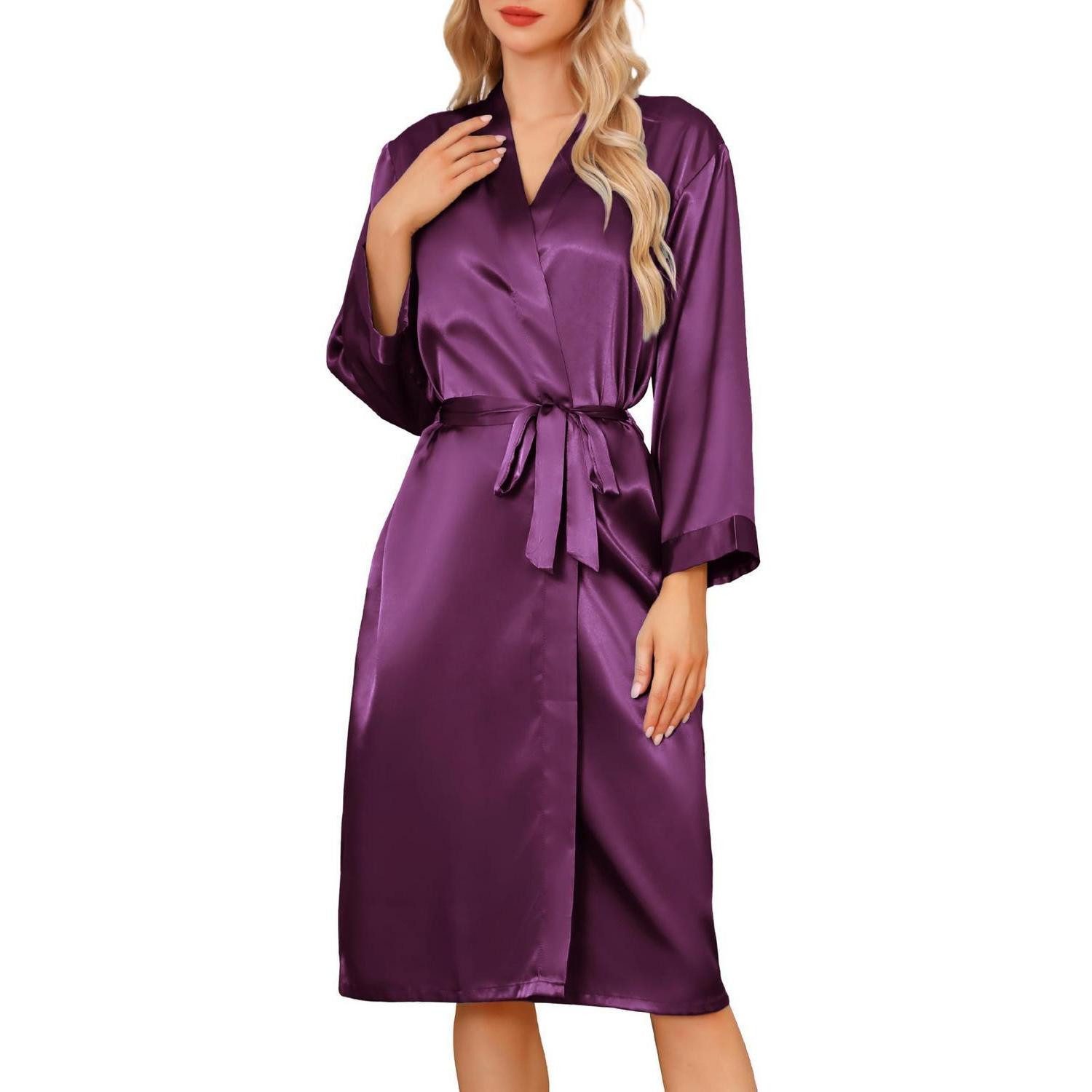 LuxusKollektion Damenbademantel Satin Bademantel Damen Dunkellila, Textil, Kimono-Kragen