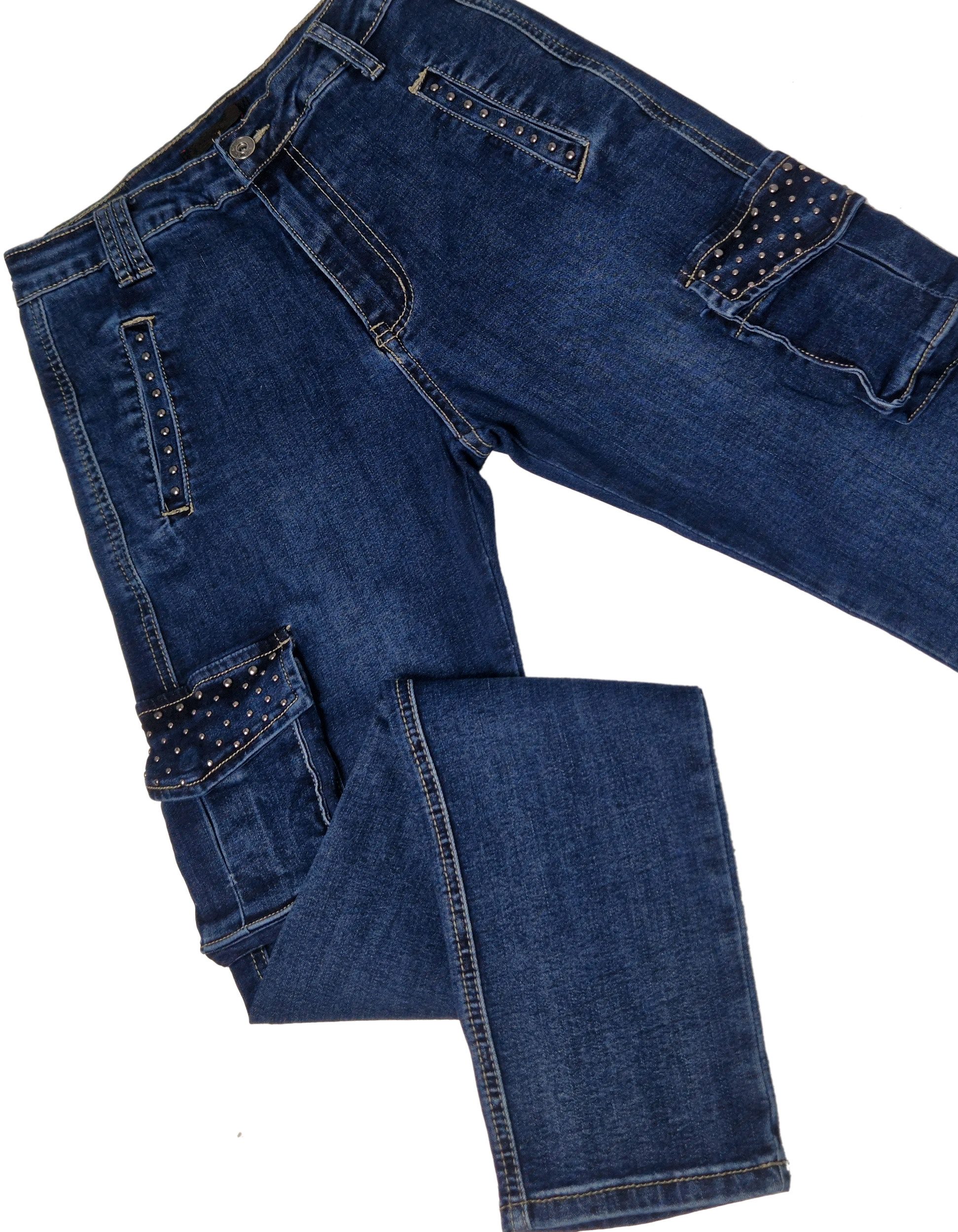 Cargojeans Damen Cargo Jeans mit Nieten Röhrenjeans mit aufgesetzten Taschen