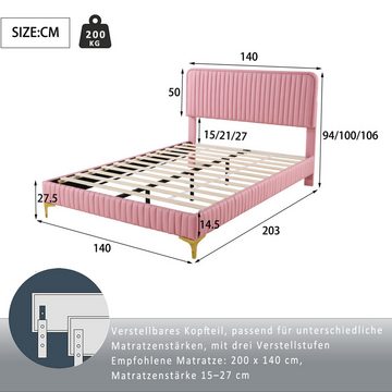 NMonet Polsterbett Doppelbett Jugendbett (höhenverstellbares Kopfteil), mit Lattenrost und Metallbeinen, Kunstleder, 140x200 cm