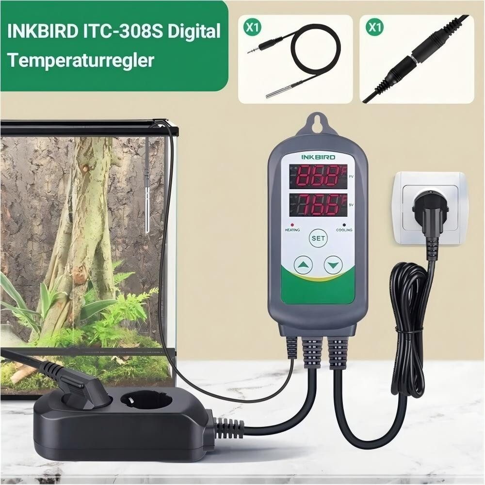 INKBIRD Raumthermostat ITC-308S Digitale Temperaturregler, Abnehmbar Metallsonde CF, max. 240 V AC V, Betriebsart: Heizen / Kühlen, (1-St), Doppeltes Displayfenster