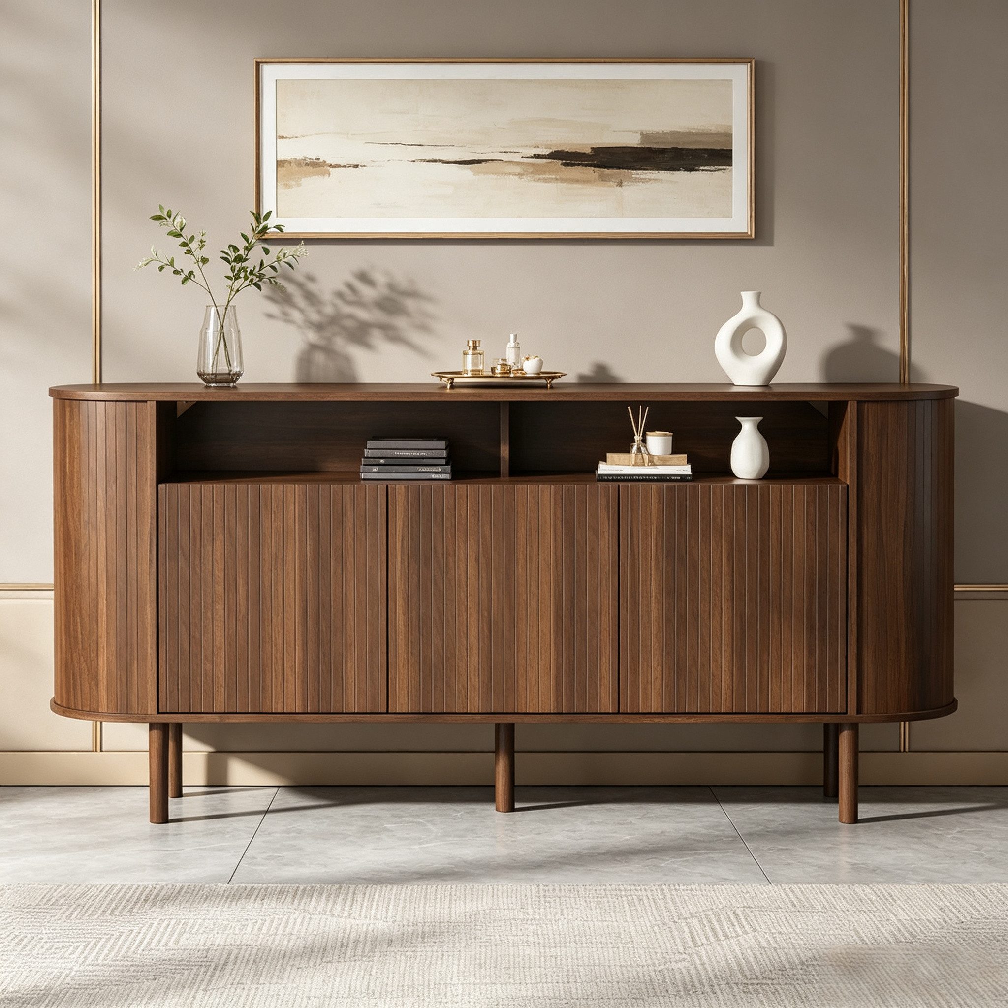 Merax Sideboard mit 3 Wellentüren, offenem Ablagefach & Massivholzbeinen (1 St), Kommode Flurschrank Aufbewahrungsschrank, 160x40x78,5cm (LxBxH)