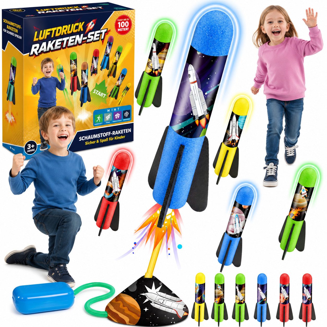Wootoy Spielzeug-Gartenset Spielzeug-Flugrakete Kinder Schaumstoff Raketenwerfer Launcher, (8 Schaumstoffraketen mit farbenfrohen Motive, 8-tlg., Flughöhe bis ca. 15 m und verstellbarer Startwinkel), Ideal für aktive Outdoor-Spiele im Garten Park Wiese