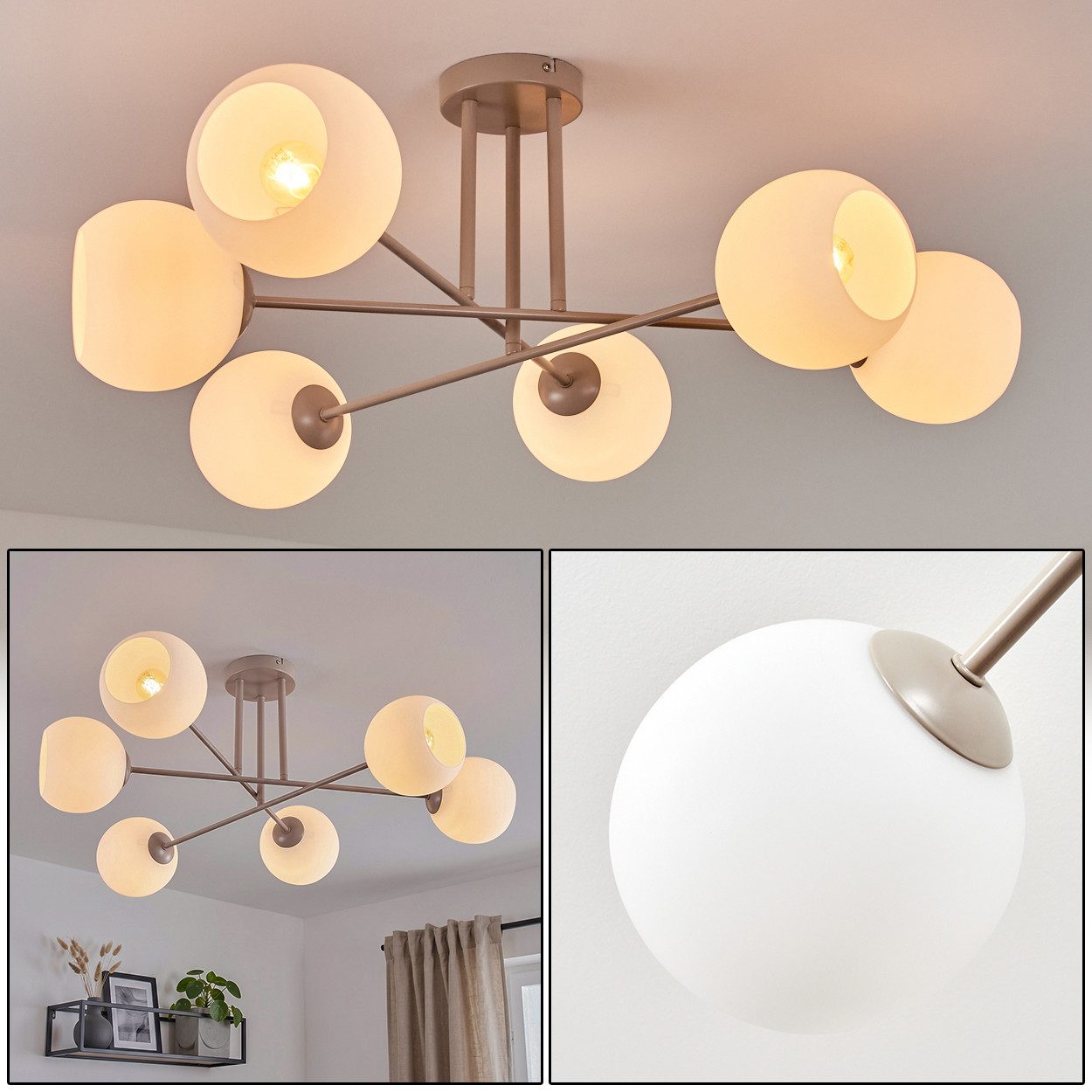 hofstein Deckenleuchte Deckenlampe aus Metall/Milchglas in Sandfarben/Weiß, moderne Deckenleuchte im Retro/Vintage/Boho-Design, 6 x E14