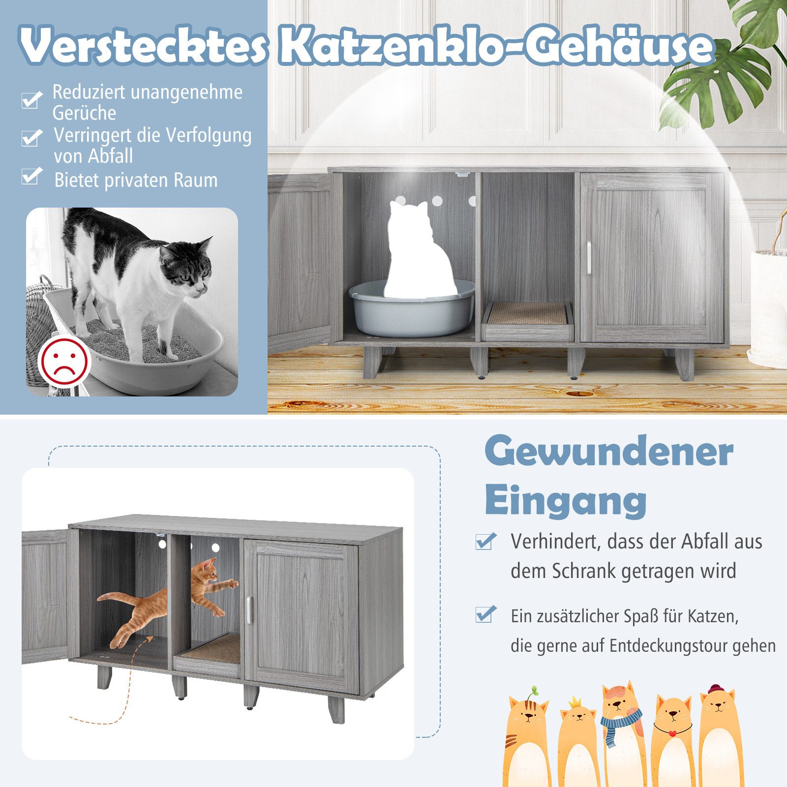 COSTWAY Tierhaus, Katzenklo Schrank, mit 2 Türen & Kratzbrett, 120 x 52 x 65 cm