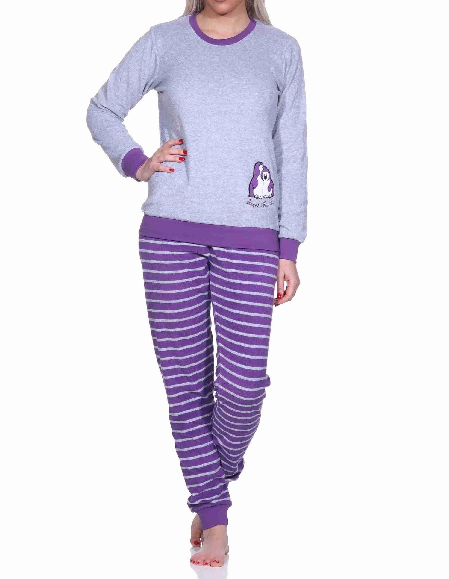 Normann Pyjama Damen Frottee Pyjama langarm mit Bündchen und Pinguin Stickerei