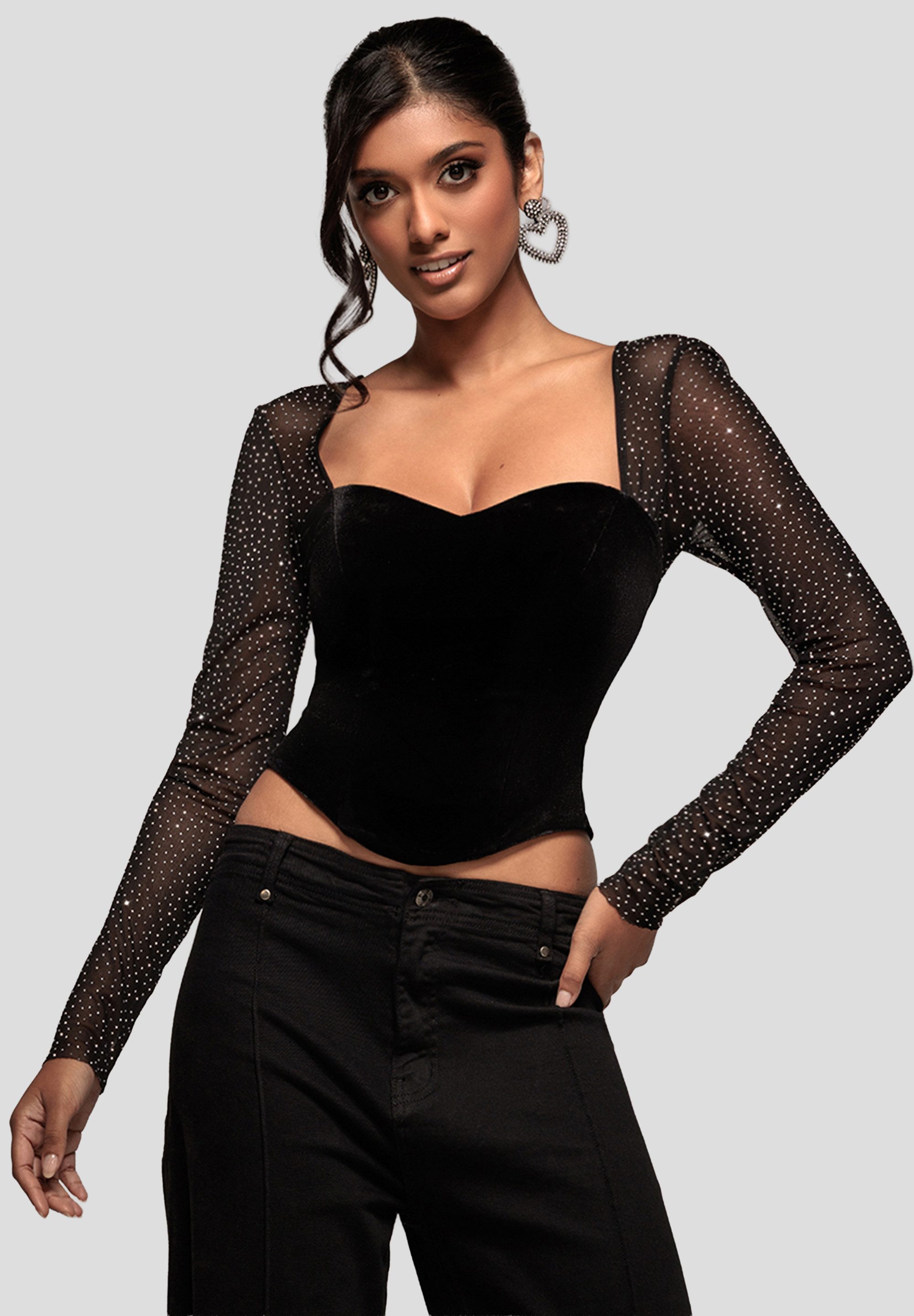 Langarmbluse Diamante Long Sleeve Velvet Dipped Hem Top