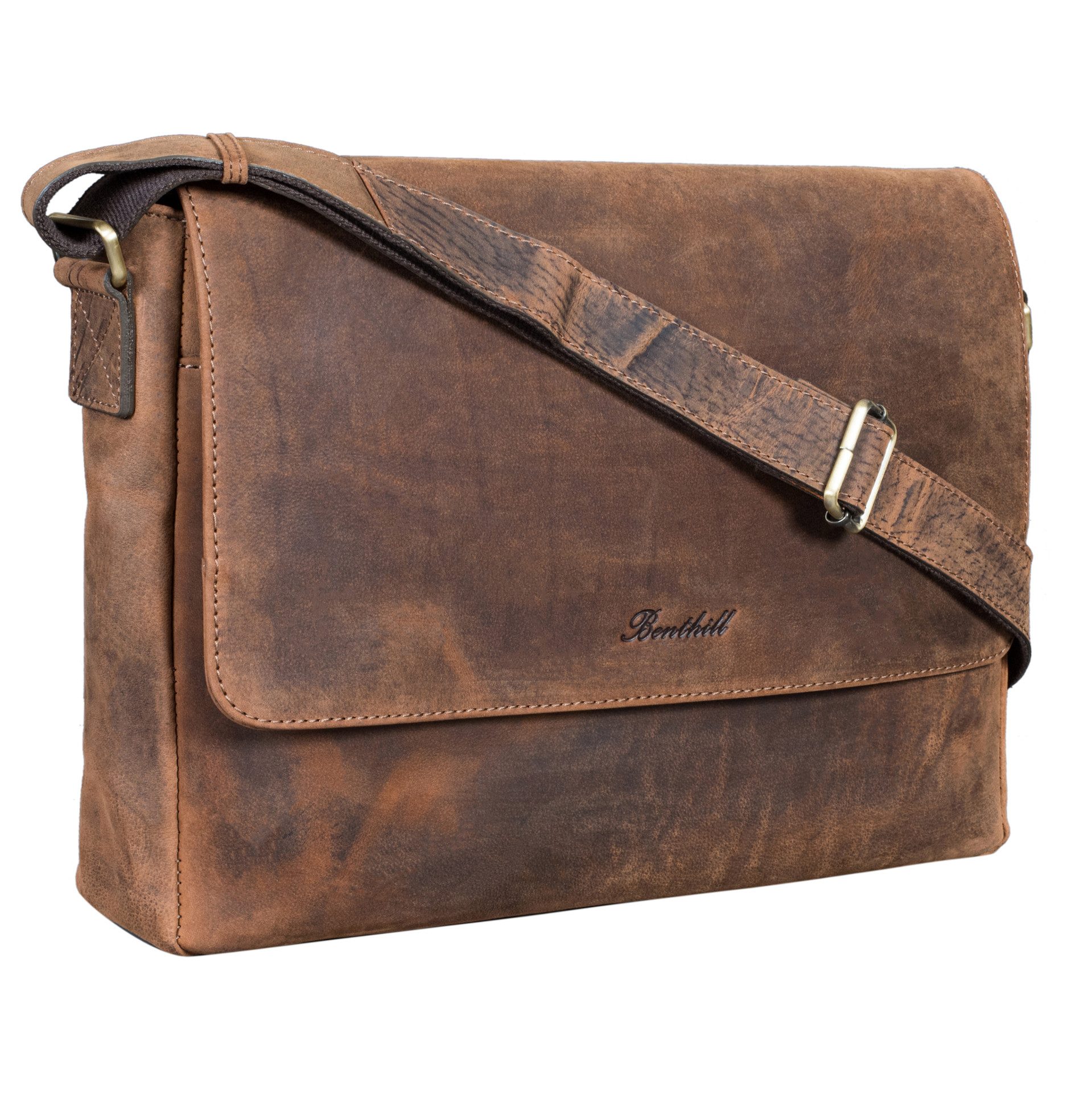 Benthill Messenger Bag Herren Umhängetasche Echt Leder Messenger Laptop Schultertasche Damen, Reißverschlussfach