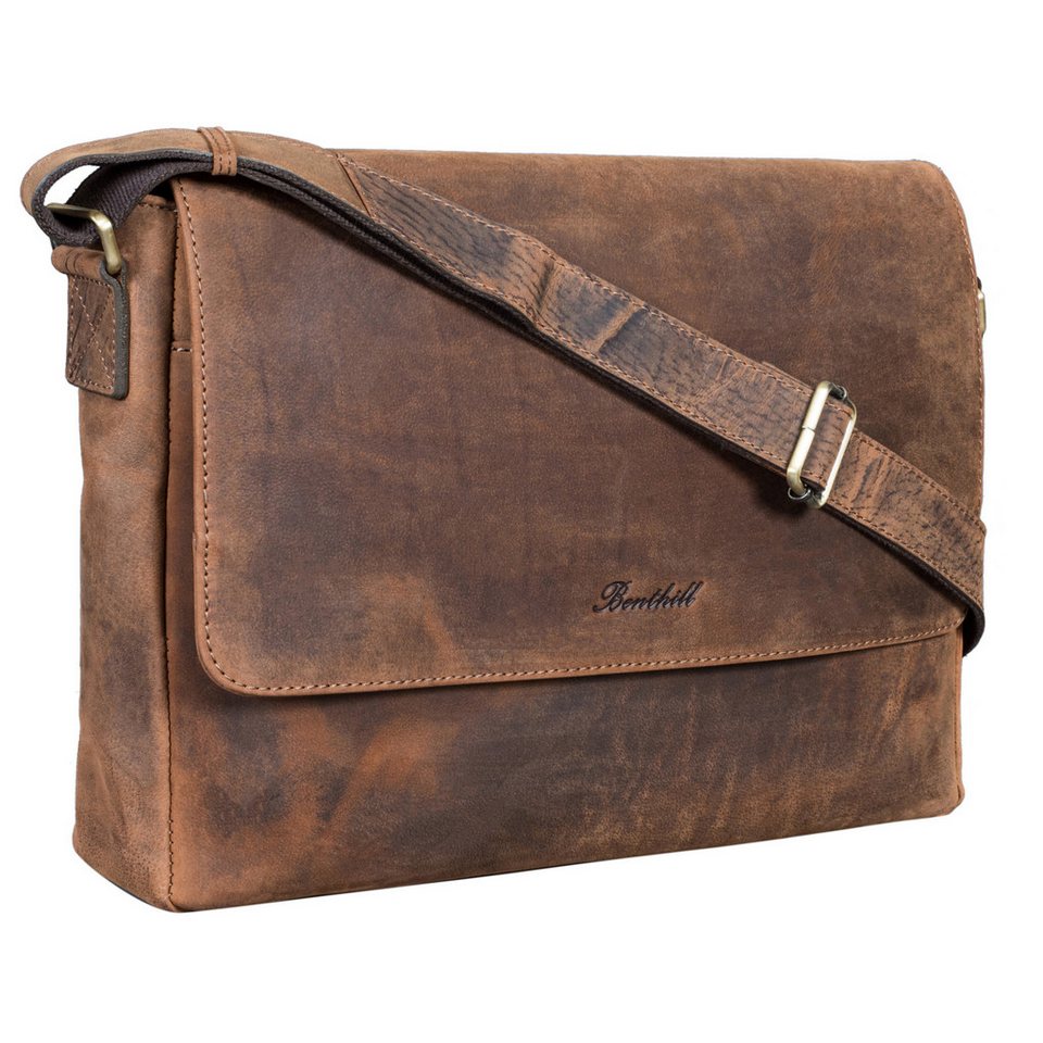 Benthill Messenger Bag Herren Umhängetasche Echt Leder Messenger Laptop Schultertasche Damen, Reißverschlussfach