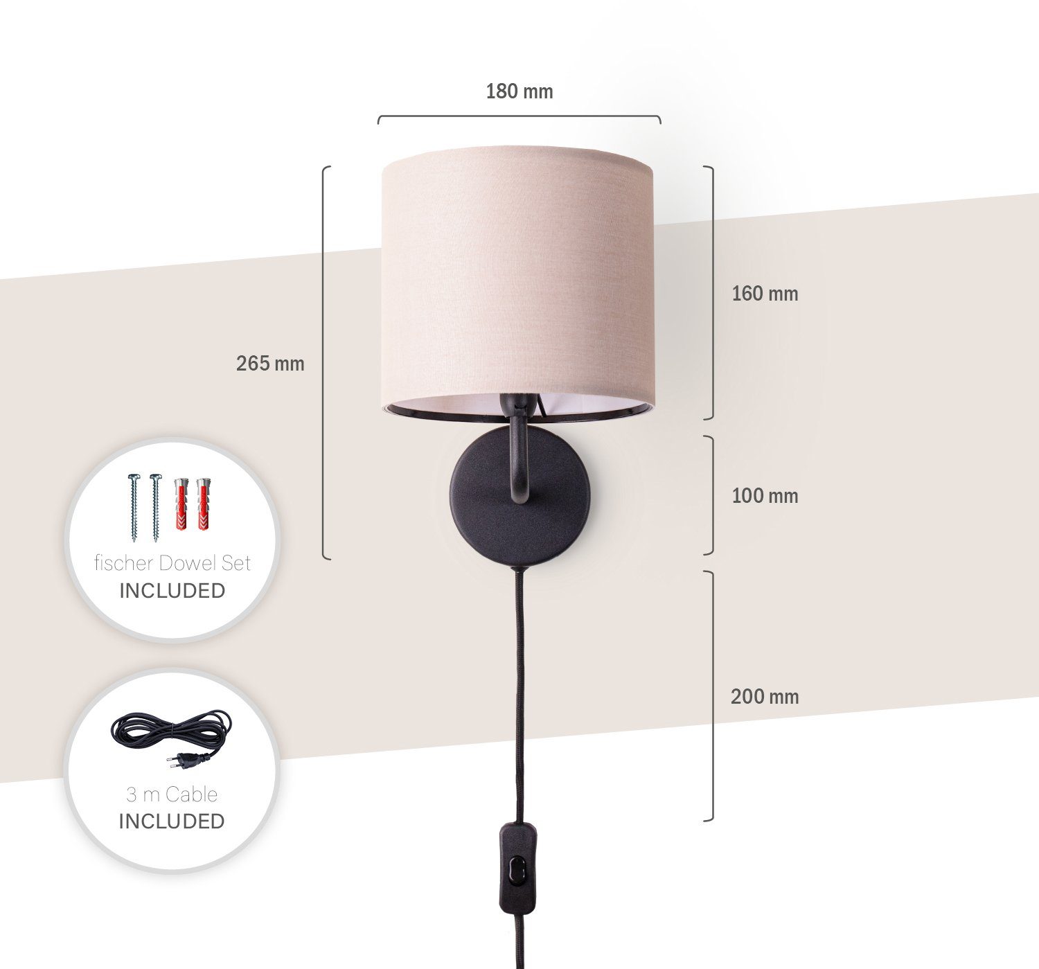 Paco E14 Home Kabel Wohnzimmer Schalter Color, Leuchtmittel, 3m Ø…18cm Flur Wandleuchte Deko Unifarben Uni ohne Wandlampe