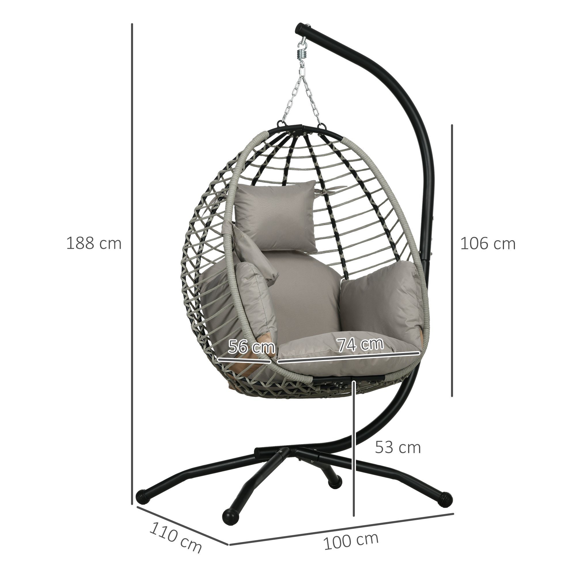 Outsunny Hängesessel Hängeschaukel mit Bechertasche, Klappbarem Sitzkorb (Korbsessel, 1-St., Schaukelsessel), für Garten, Wohnzimmer, bis 120 kg Belastbar, Stahl, Grau