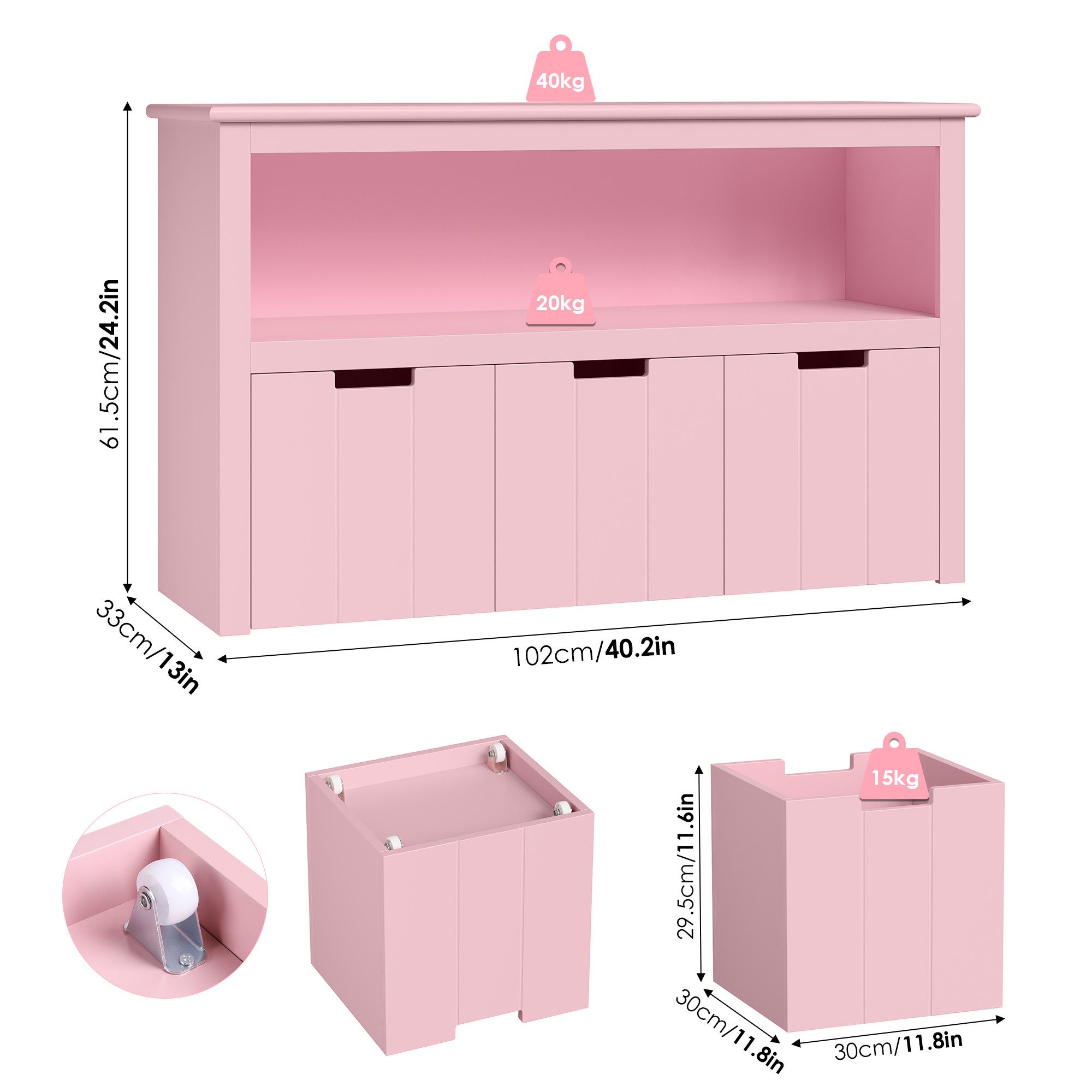 Homfa Kinderregal, Spielzeugtruhe Bücherregal 3 Schubladen mit Rollen 102 x 33 x 61,5cm
