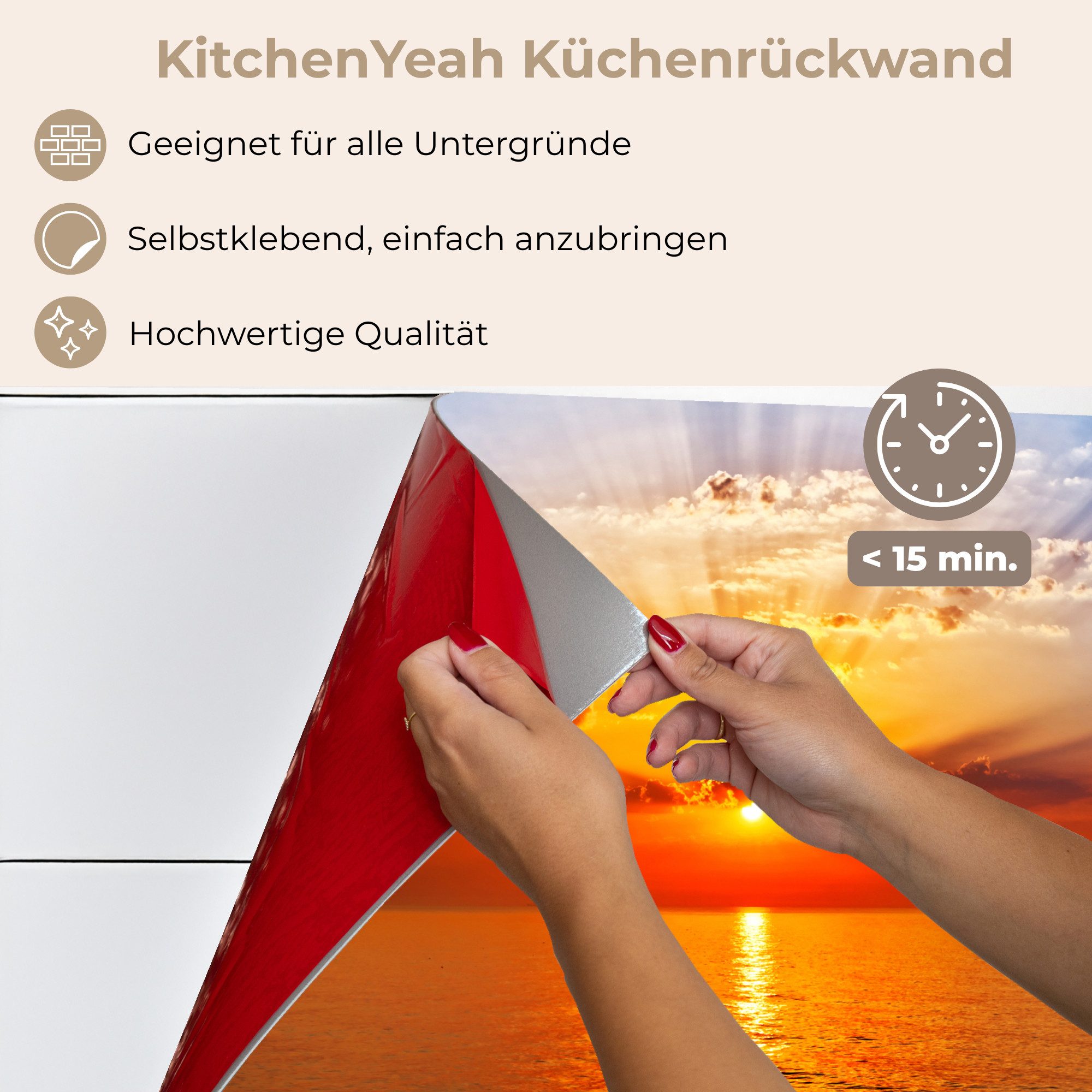 KitchenYeah Küchenrückwand selbstklebend Sonnenuntergang - Meer - Himmel - Orange - Horizont - Wa, (1-tlg), Spritzschutz, Küche, Rückwand, Küchenwand, Küchenfro – Bild 5 von 5