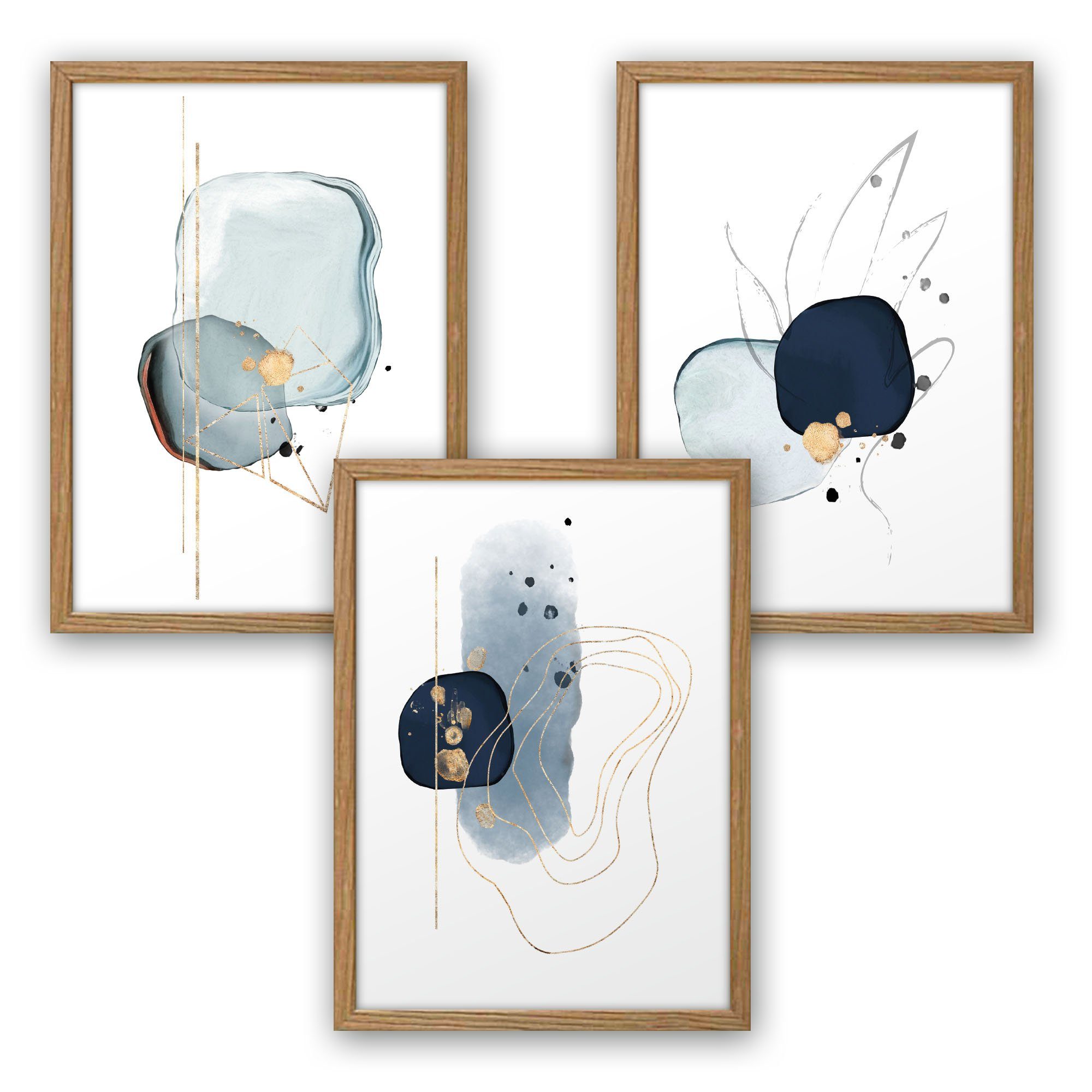 Kreative Feder Poster Premium Set 3-teilig „Abstrakt blau“ optional mit Rahmen, Modern Art (Set, 3 St), optional mit Rahmen; wahlweise DIN A4 oder DIN A3 natur Rahmen