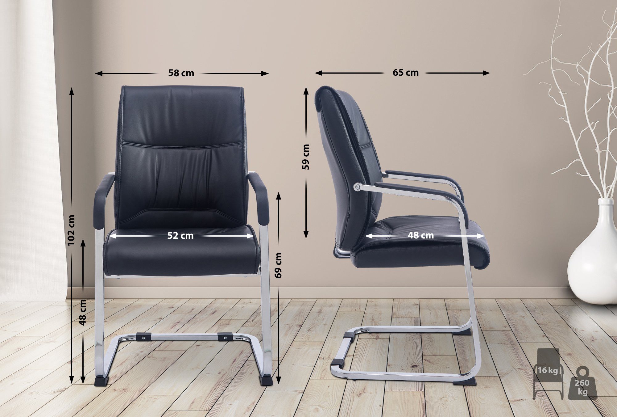 furnicato Besucherstuhl Anubis XXL 102x58x65 cm Schwarz (1 St), Gepolsterter Gästestuhl mit Armlehnen für dein Wartezimmer