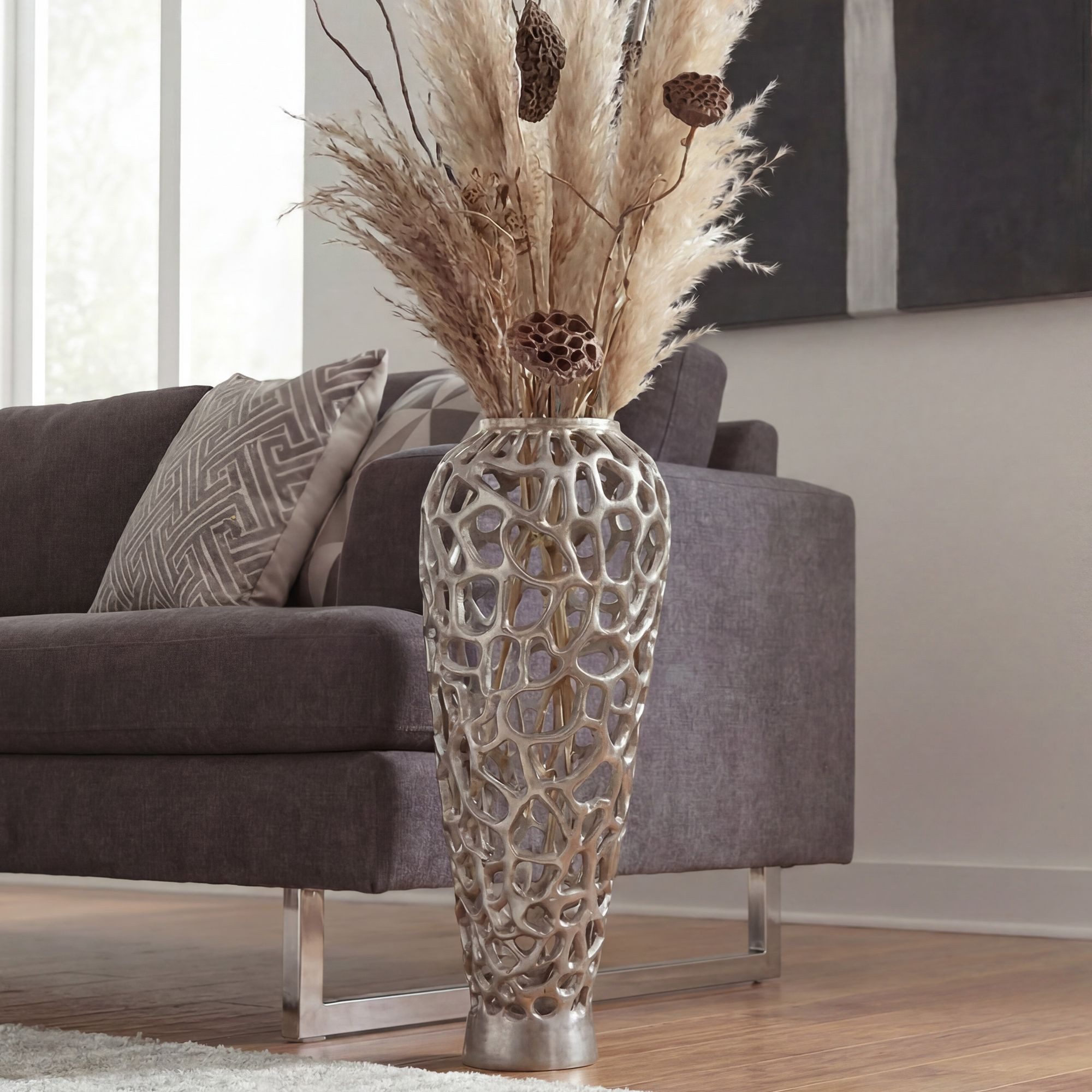 FINEBUY Bodenvase FB76601 Vase 85 cm Silber Standvase Blumenvase XXL Wohndeko Groß (Skulpturale Dekovase für Trockenblumen und Zweige), Große Metallvase aus glänzendem Aluminium