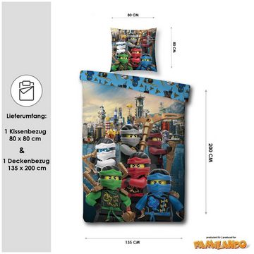 Kinderbettwäsche Lego Ninjago 135x200 + 80x80cm mit Reißverschluss aus 100% Baumwolle, Familando, Renforcé, 2 teilig, Motiv "Assemble" mit Lloyd, Kai, Jay, Nyia, Cole & Zane