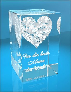 VIP-LASER Dekofigur 3D Glasquader I Motiv: Verziertes Herz Beste Mama der Welt, Hochwertige Geschenkbox, Made in Germany, Familienbetrieb