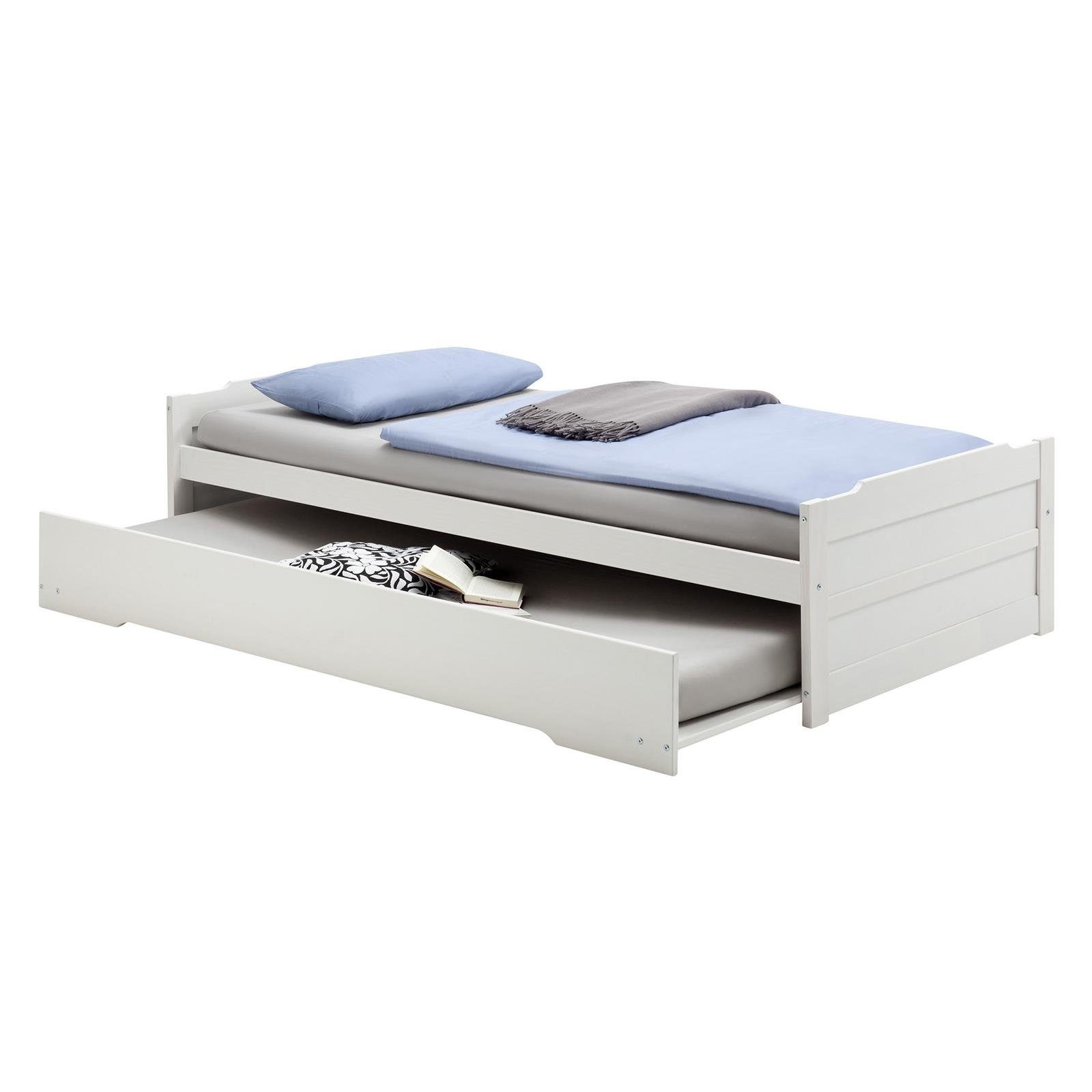 IDIMEX Funktionsbett LORENA, Ausziehbett Bett mit Stauraum Tagesbett Kiefer massiv weiss 90x200 cm weiß