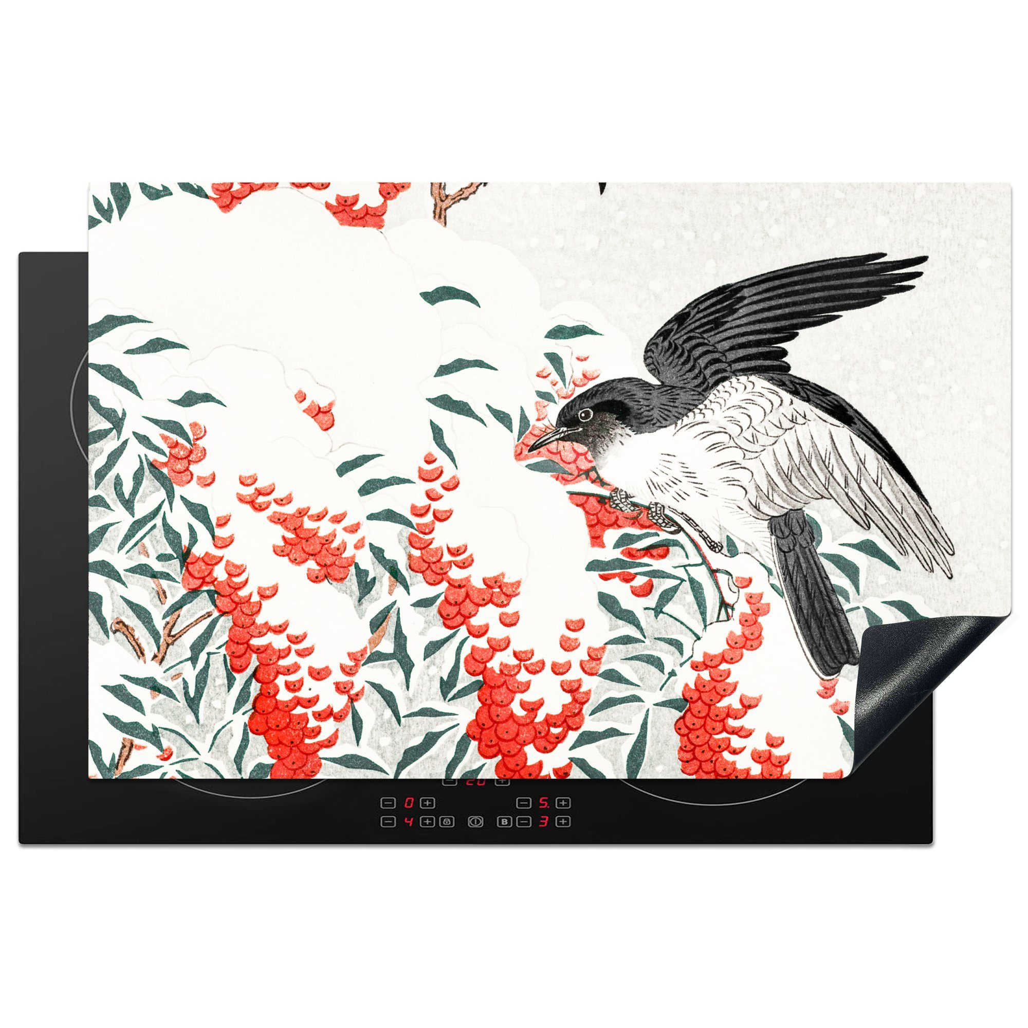 MuchoWow Herdblende-/Abdeckplatte Vogel - Beere - Japanisch, Vinyl, (1 tlg), 81x52 cm, Induktionskochfeld Schutz für die küche, Ceranfeldabdeckung