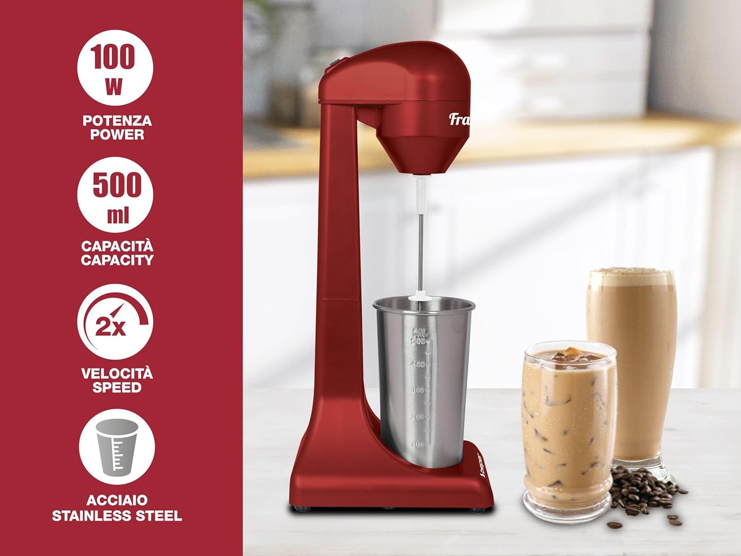 Beper Standmixer Elektrischer Milchshaker Beper 100W Drink Mixer Cocktail Shaker 500ml, 100 W, Edelstahlbecher 500ml, 100W Power, 2 Stufen, rutschfest, pflegeleicht