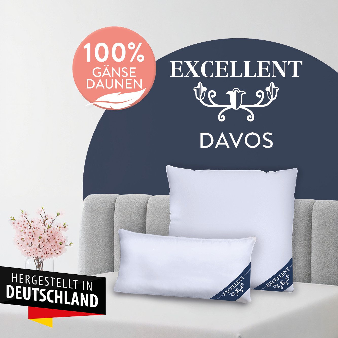 Excellent Daunenbettdecke + 3-Kammer-Kopfkissen Davos, Füllung: Bettdecke: 100% Gänsedaunen, Bezug: 100% Baumwolle, Bettdecken-Set mit Kopfkissen, Bettdecke 135x200 und 155x220 cm