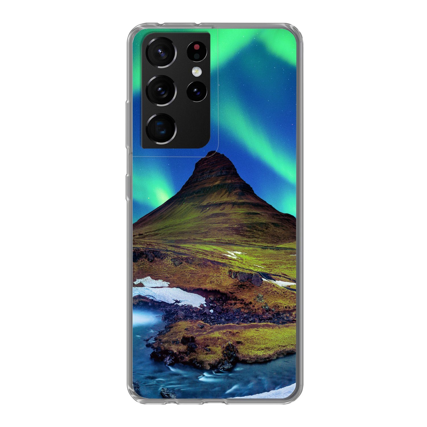 MuchoWow Handyhülle für Samsung Galaxy S21 Ultra Nordlicht - Sternenhimmel - Island - Berg, Phone Case, Silikon, Schutzhülle Dünn