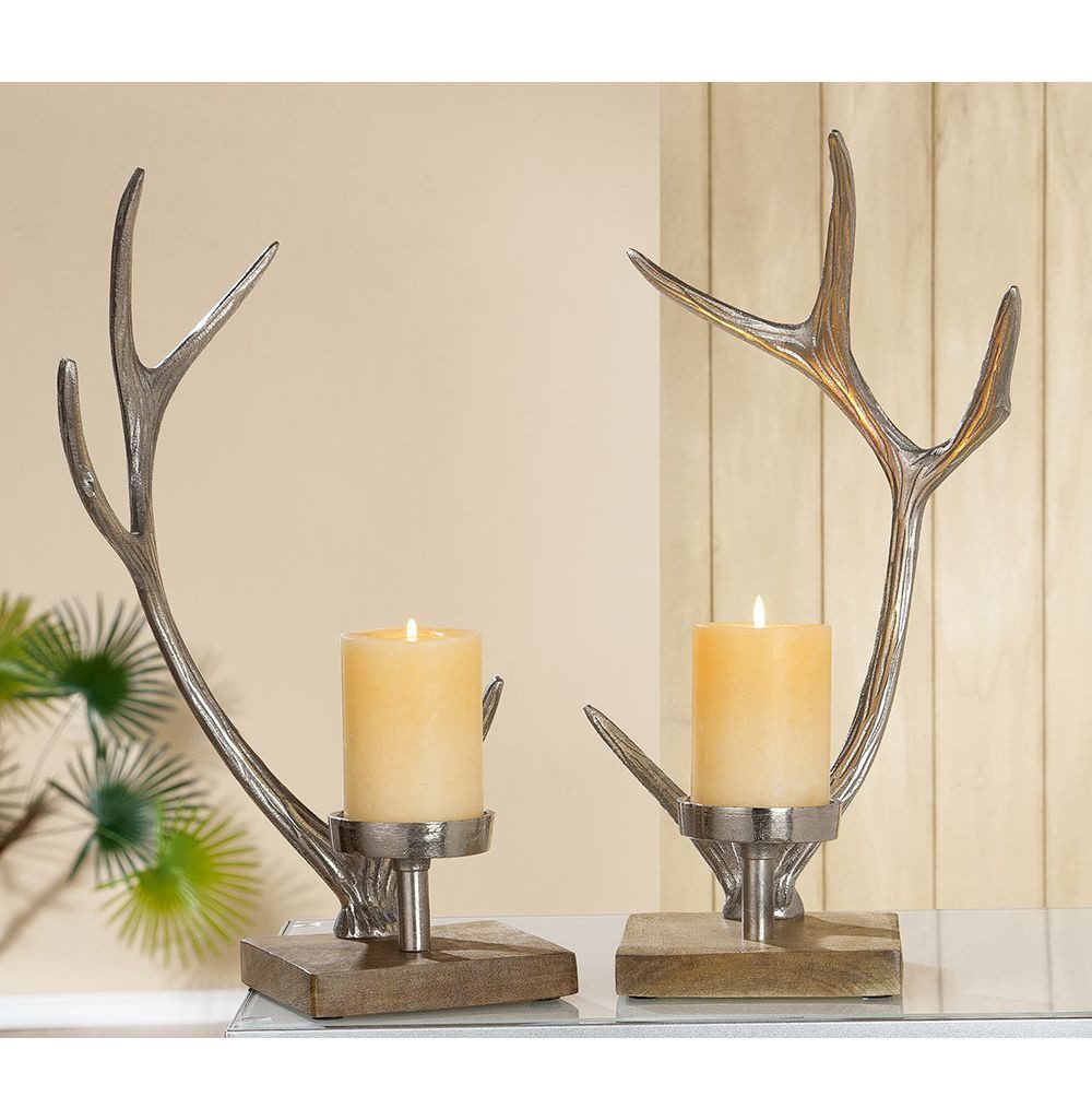 GILDE Dekoobjekt Kerzenleuchter 48349 – Geweih 2er-Set – Alu & Mangoholz – 41,5 cm