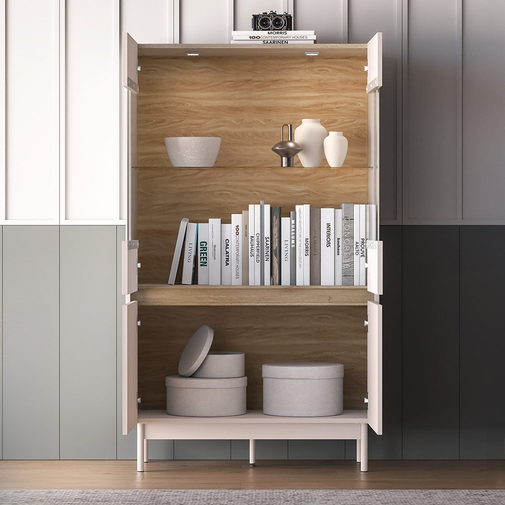 Lomadox Highboard DINAR-131, kaschmir Eiche-Dekor modern 92 cm breit Metallfüße inkl. Beleuchtung