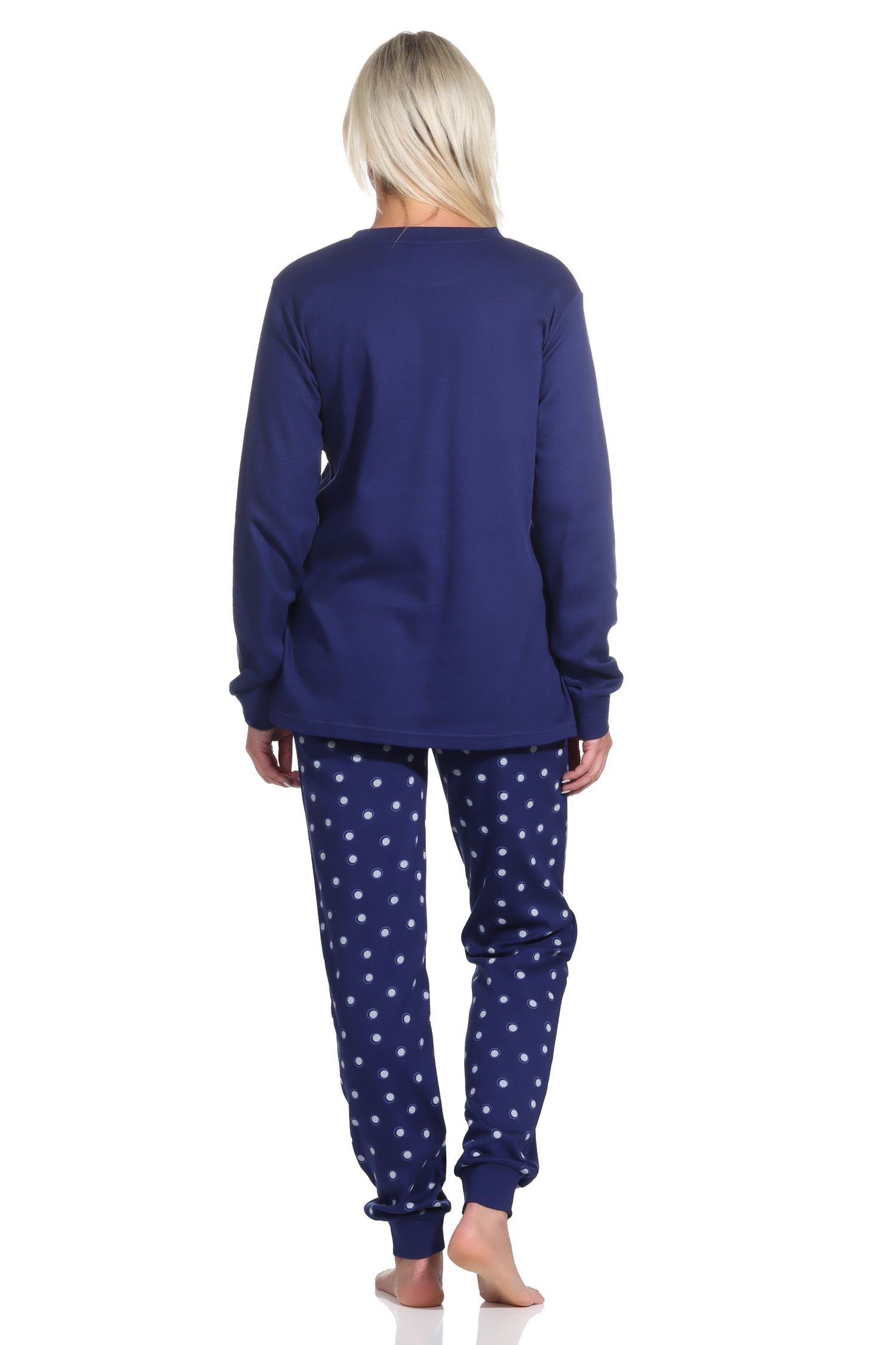 Normann Pyjama Damen Schlafanzug Qualität Interlock mit lang Bündchen Kuschel in marine