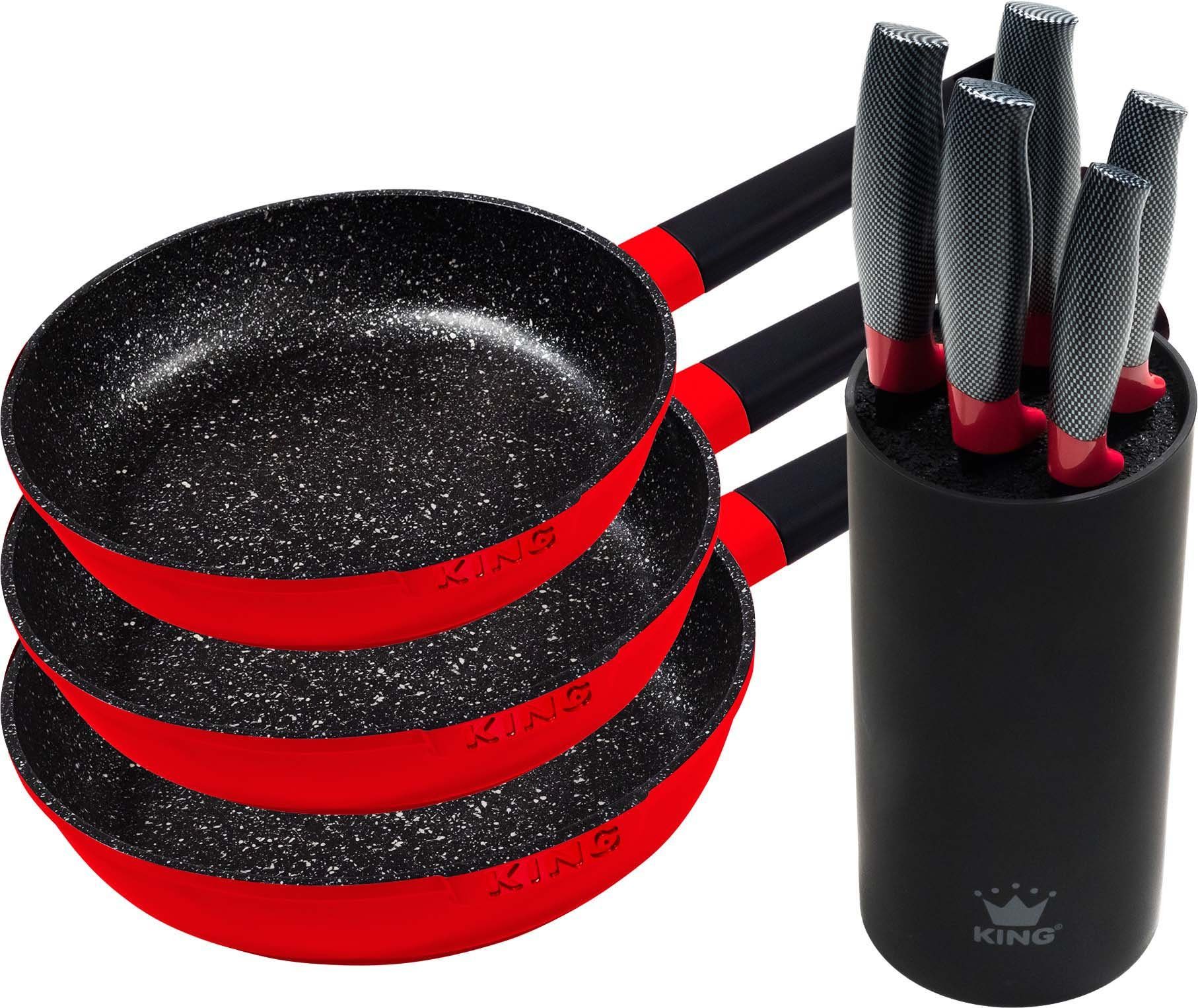KING Pfannen-Set Shine Red, Aluminiumguss (Set, 3-tlg., je 1 Bratpfanne Ø 20/24/28 cm, H: 5/5,5/6 cm, - 1/1,9/2,5 l), Induktion, mit 6-teiligem Messerblock