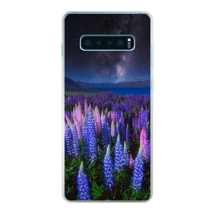 MuchoWow Handyhülle Blumen - Nacht - Lupine - Sternenhimmel - Lila - Natur Phone Case Handyhülle Samsung Galaxy S10+ Silikon Schutzhülle