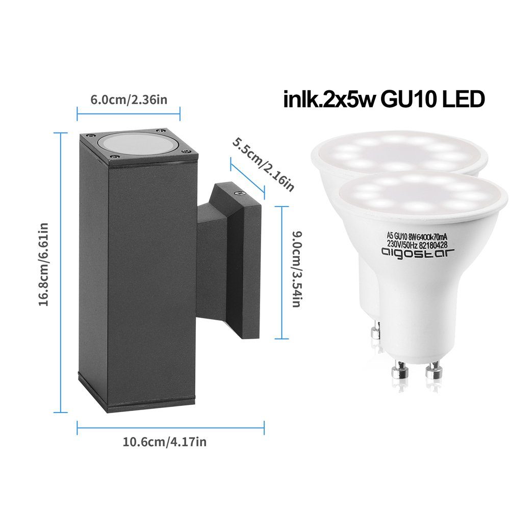Aigostar LED Außen-Wandleuchte LED inkl. Eckig GU10, mit Fassadenleuchten Flammig Schwarz Leuchtmittel Fassadenleuchte GU10 IP65 in Wandleuchte NW 2