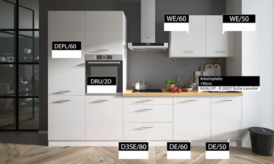 Feldmann-Wohnen Küchenzeile Küchenzeile ESSEN TREND 310 weiß / weiß Hochglanz #dv16, (Schubladen mit Teilauszug und Soft-Close-Funktion), 310x60x207cm weiß / weiß hochglanz - eiche lancelot, 8-teilig