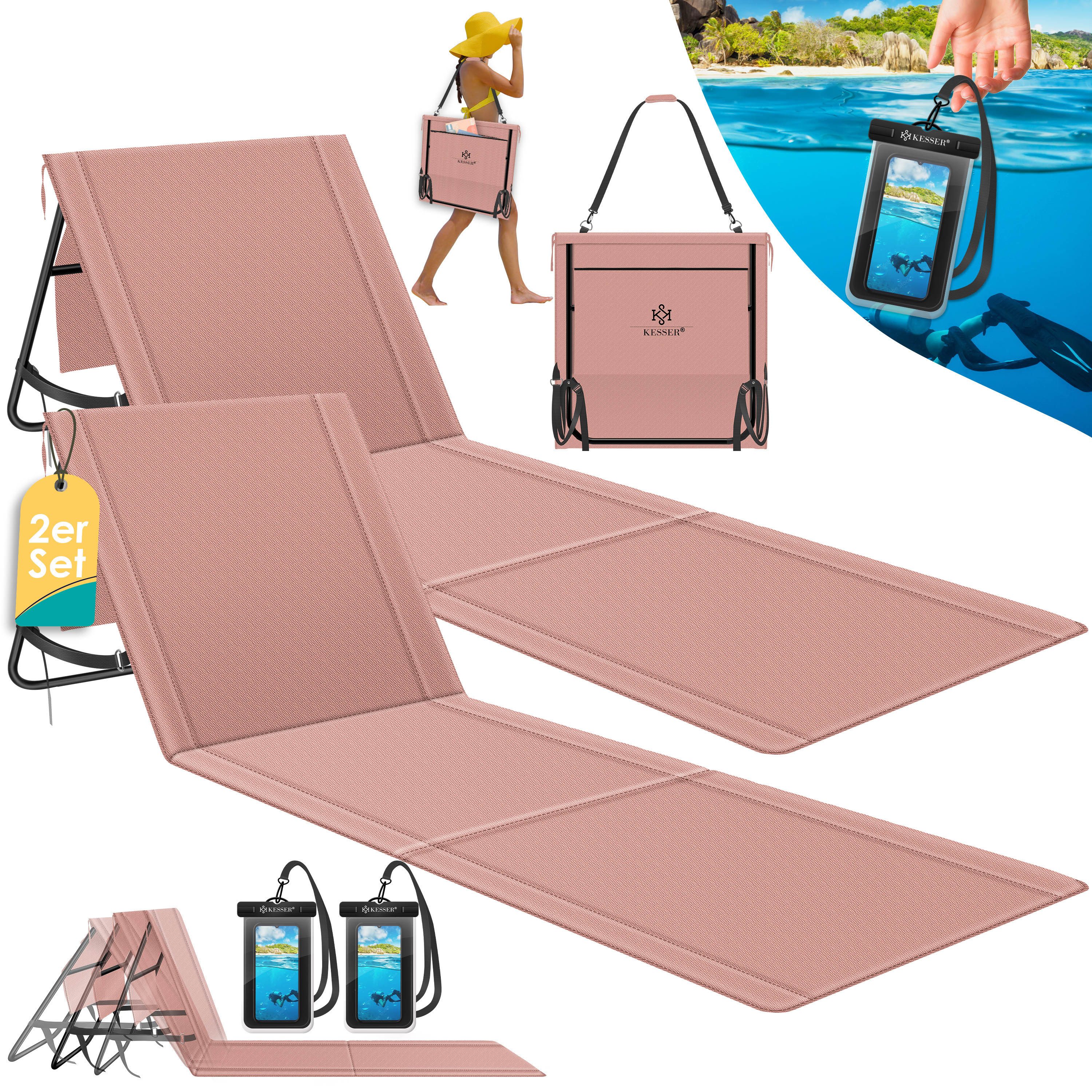 KESSER Gartenliege Strandmatte klappbar mit verstellbarer Rückenlehne max. 130 kg, 2 St., Strandliege mit Tragegurt, wasserdichter Handyhülle & Tragetasche, Sonnenliege faltbar für Strand, Garten & Terrasse Liegematte