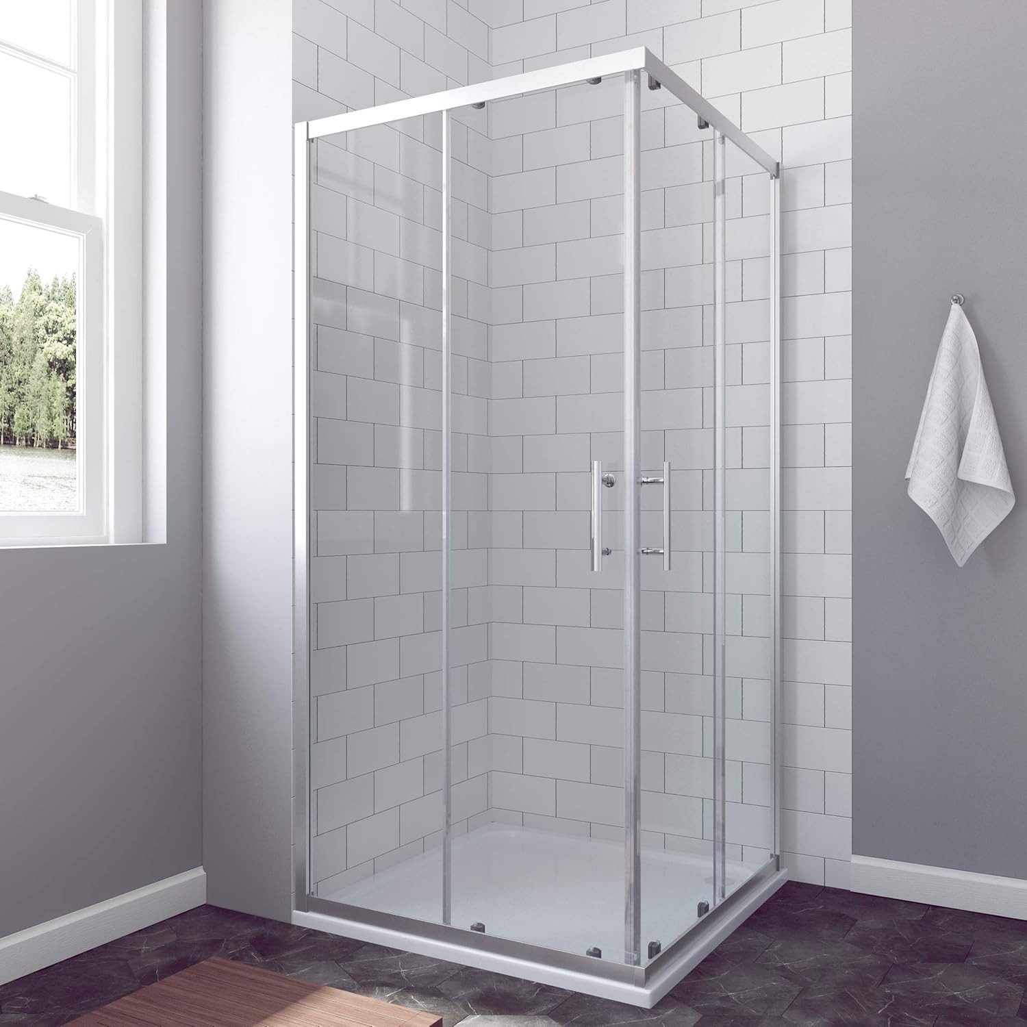 AQUABATOS Eckdusche Duschkabine Eckdusche Schiebetür Eckeinstieg Duschabtrennung Glas, BxT: 70x70 cm, Einscheibensicherheitsglas (ESG), Höhe 185 cm, Diverse Größen, mit Schiebetüren und Festteil, Ebenerdige Montage möglich, Sicherheitsglas, Echtglas, mit großem Verstellbereich, Umlaufende Aluminiumprofile in Chromoptik