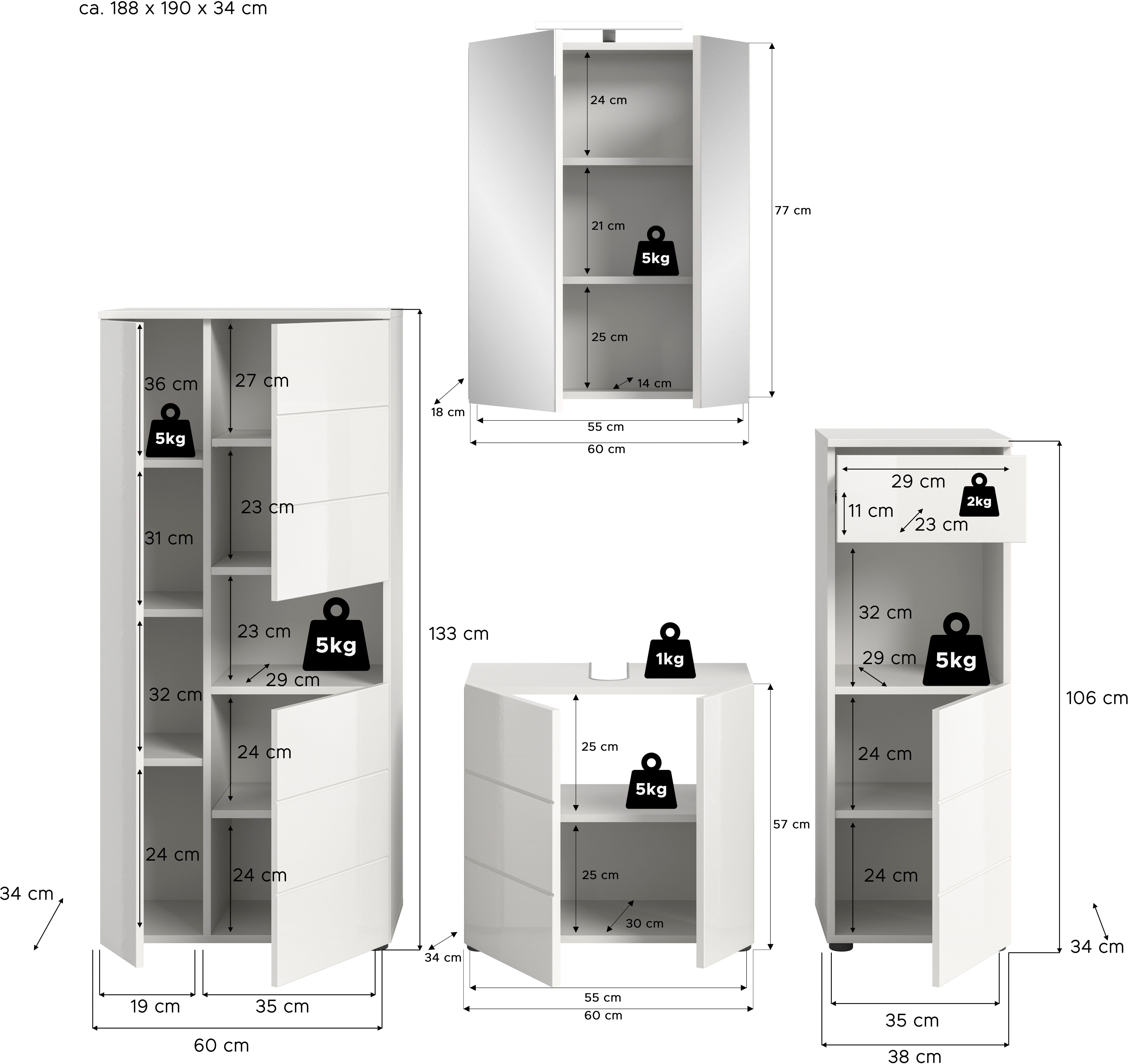 welltime Badmöbel-Set Biel, Höhe 190 cm,Hochschrank,WBU, Spiegelschrank, Unterschrank, Lampe, (5-St), Bad Set, modernes Design, Unterschrank, Spiegel, Aufsatzleuchte