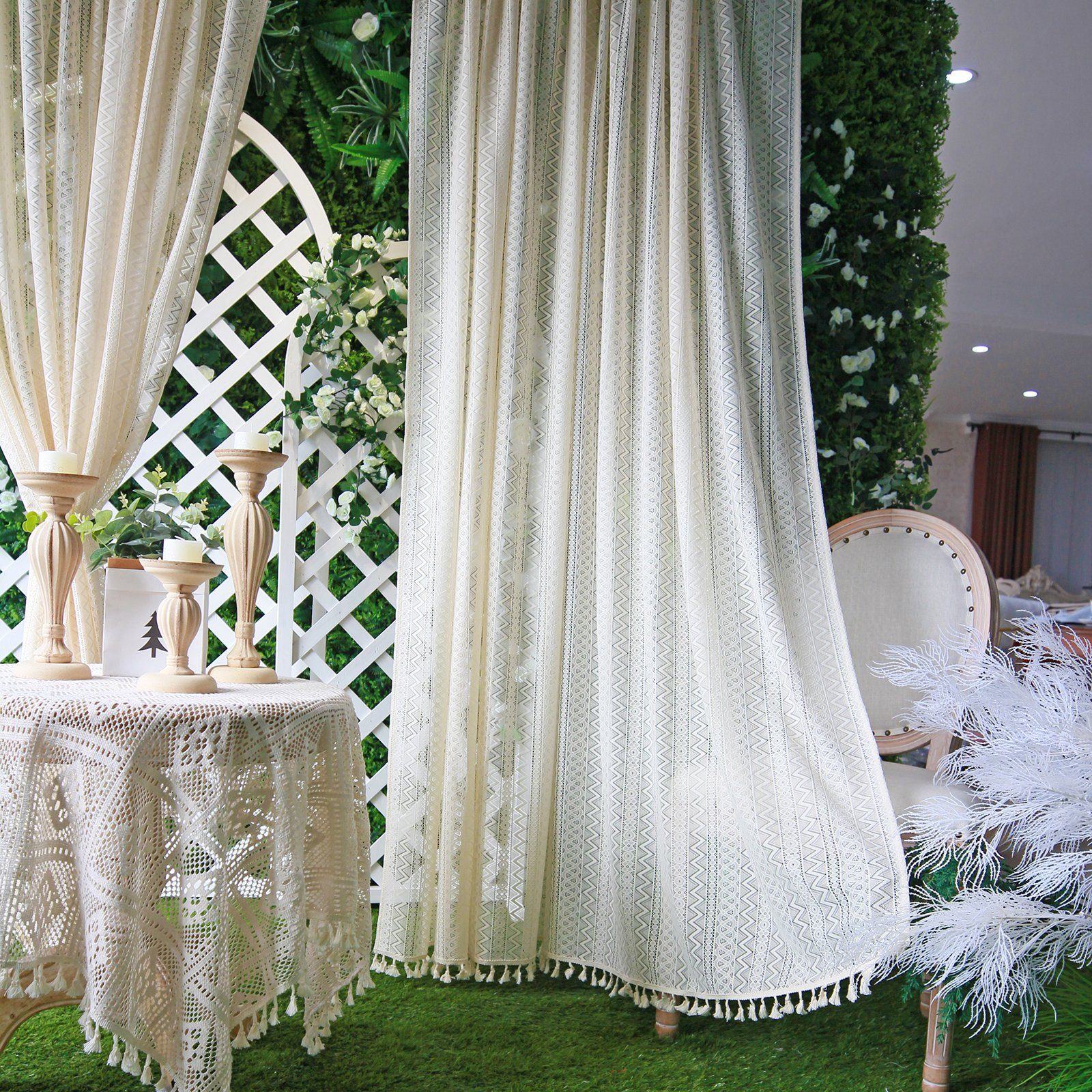 Qelus Gardine Vintage Voile Gardinen mit Quasten Stangendurchzug (1 St), Creme halbtransparent für Wohnzimmer und Schlafzimmer