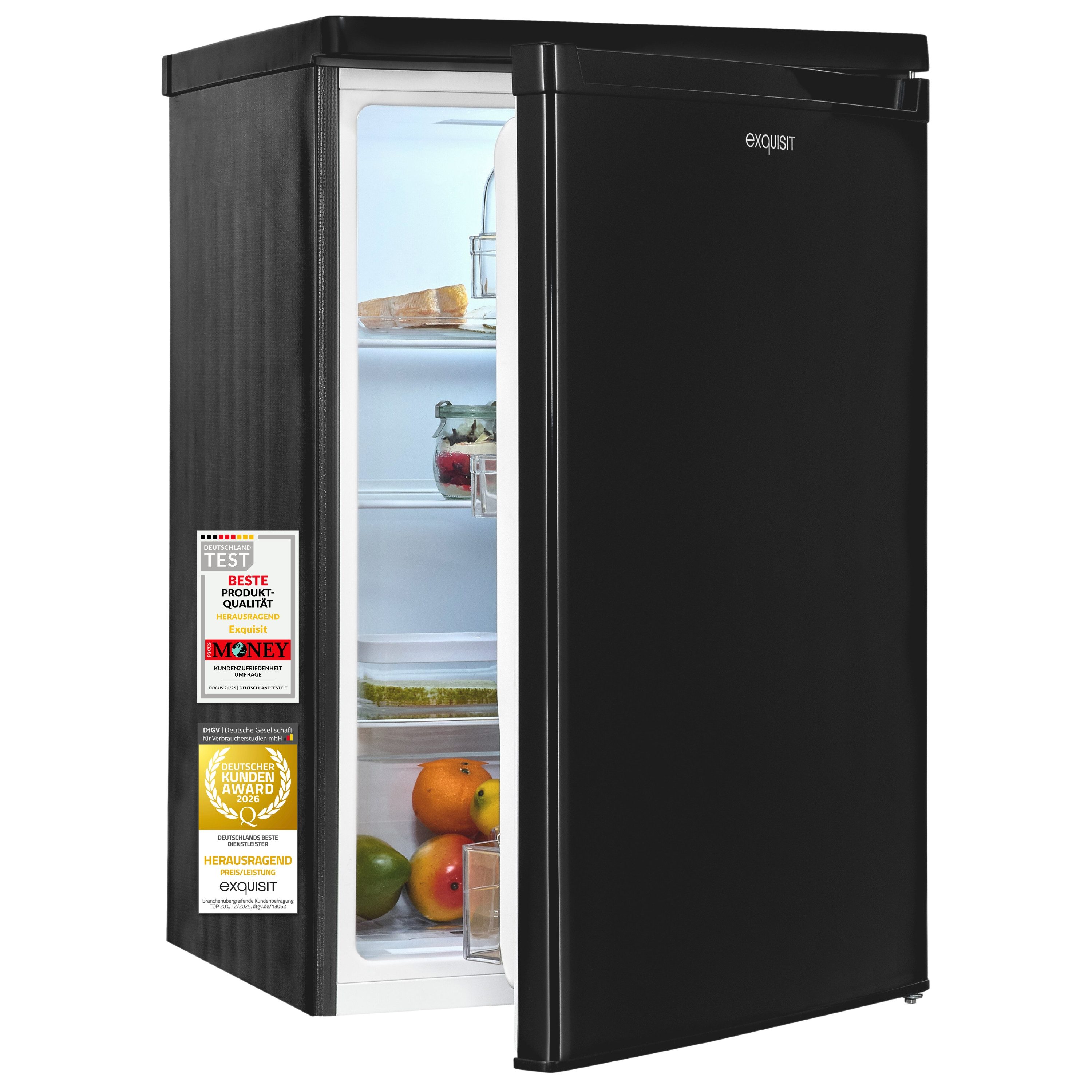 exquisit Vollraumkühlschrank KS516-V-040E, 85.5 cm hoch, 55 cm breit, 127 l Nutzinhalt, LED Beleuchtung, Energieklasse E, 39 dB