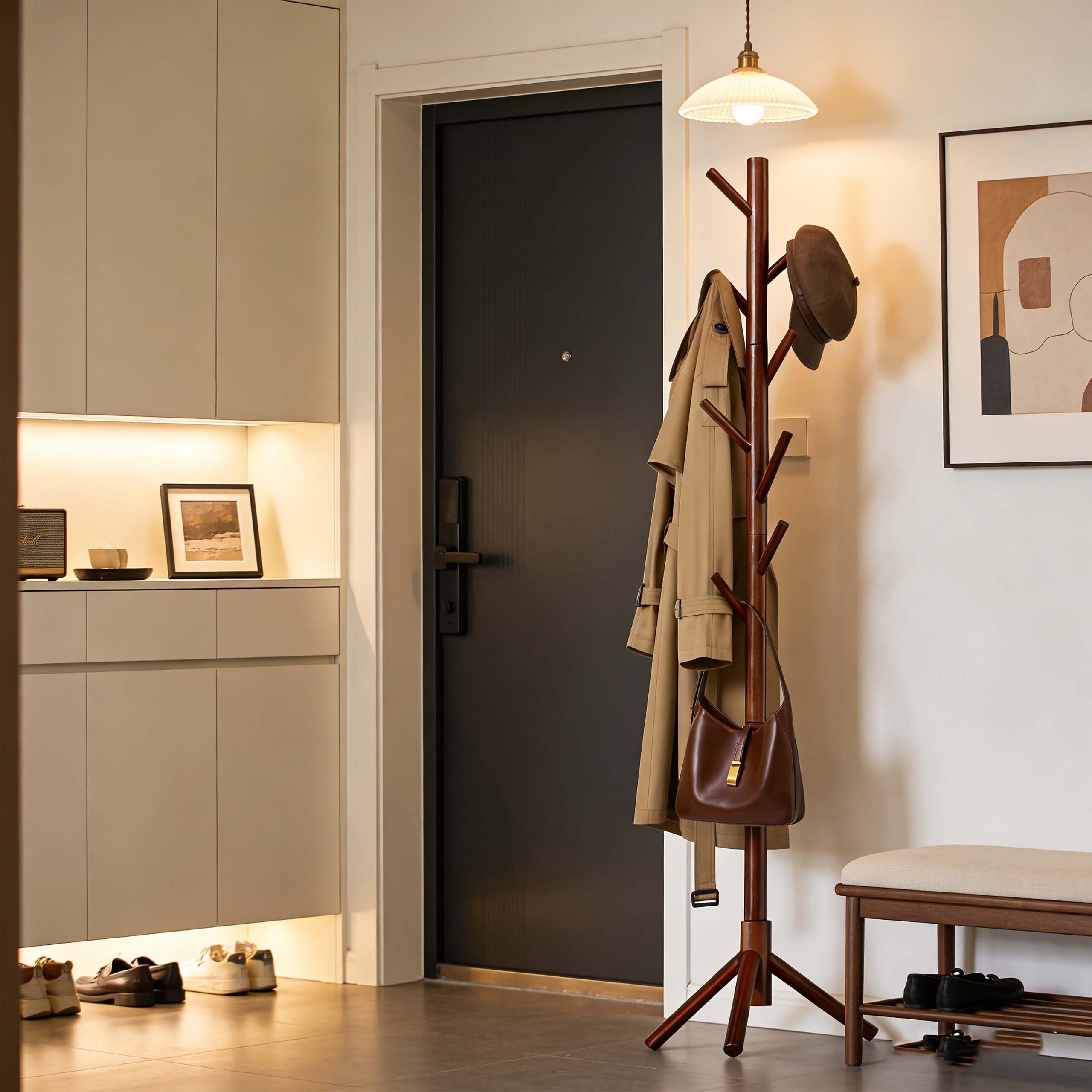 relaxdays Garderobenständer Kiefernholz 8 Hake, dunkelbraun