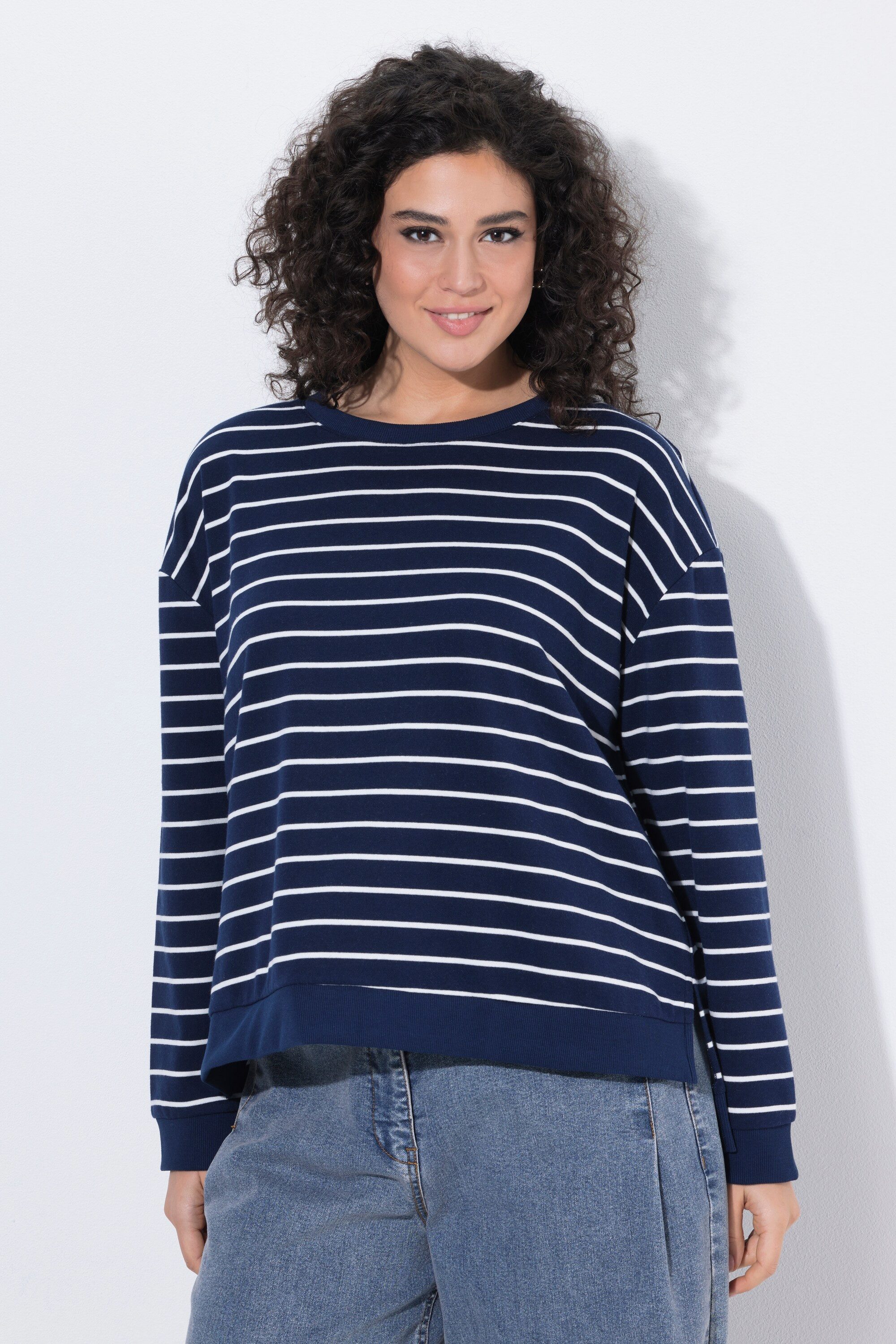 Ulla Popken Sweatshirt Sweatshirt Ringel Rundhals Langarm hinten länger