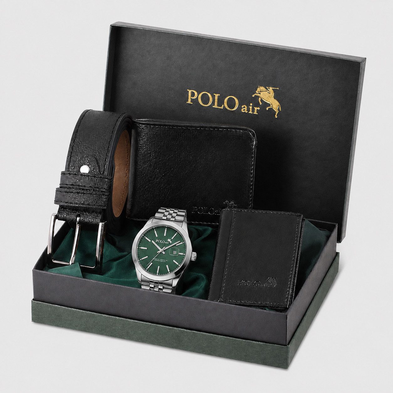 Jungengel Geschenkbox Polo Air Emerald Herren Armbanduhr Geldbörse Gürtel Kartenetui (Geschenkset, 5 St., 5-teilig: Herrenuhr, Geldbörse, Kartenetui und Gürtel+Geschenkbox), 5-Teiliges Set, grünes Zifferblatt, abgestimmte Accessoires
