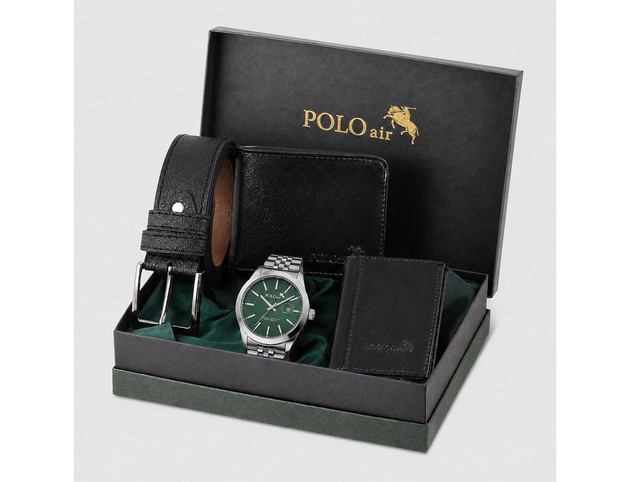Jungengel Geschenkbox Polo Air Emerald Herren Armbanduhr Geldbörse Gürtel Kartenetui (Geschenkset, 5 St., 5-teilig: Herrenuhr, Geldbörse, Kartenetui und Gürtel+Geschenkbox), 5-Teiliges Set, grünes Zifferblatt, abgestimmte Accessoires