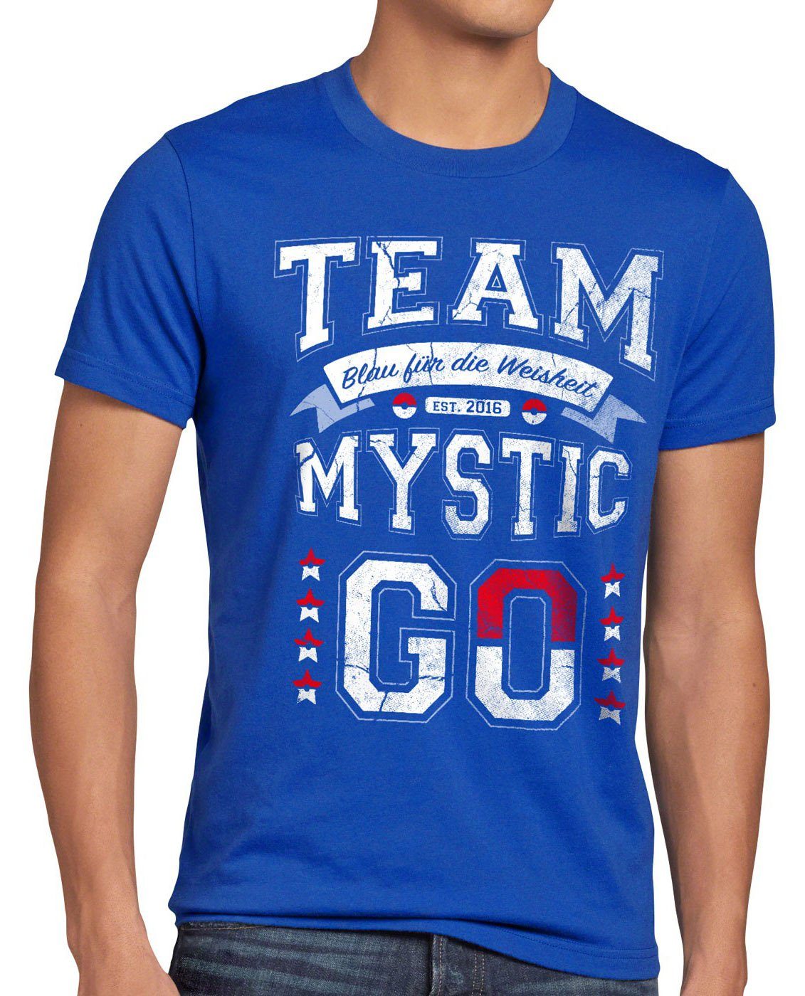 style3 Print-Shirt Herren T-Shirt Team Blau Mystic Weisheit poke go catch em ball spiel arena app