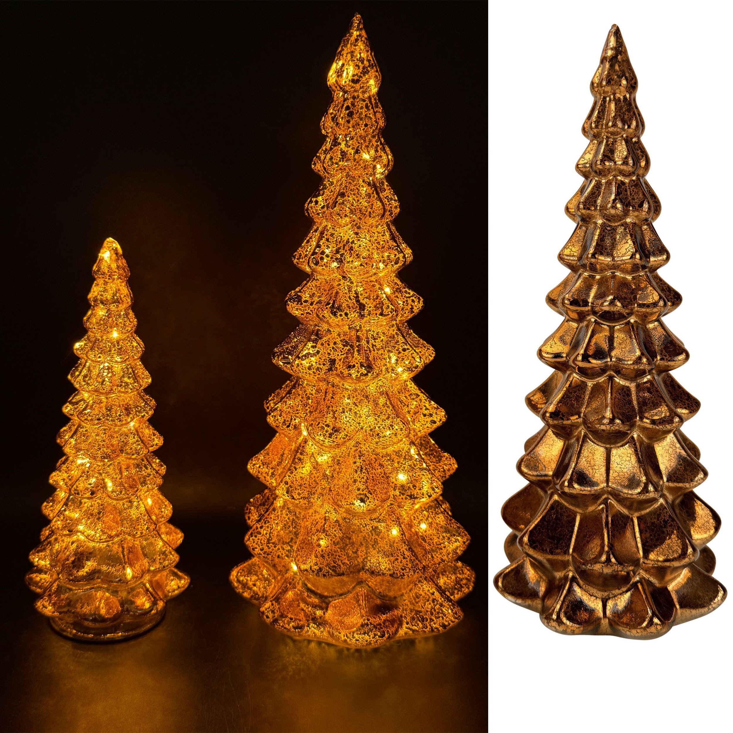 Online-Fuchs LED-Dekofigur Tannenbaum Set aus Glas mit LED-Lichterkette & Timer - Weihnachtsdeko (warmweiße Beleuchtung, in 4 Farben erhältlich), inklusive praktischer 6-Stunden Timerfunktion