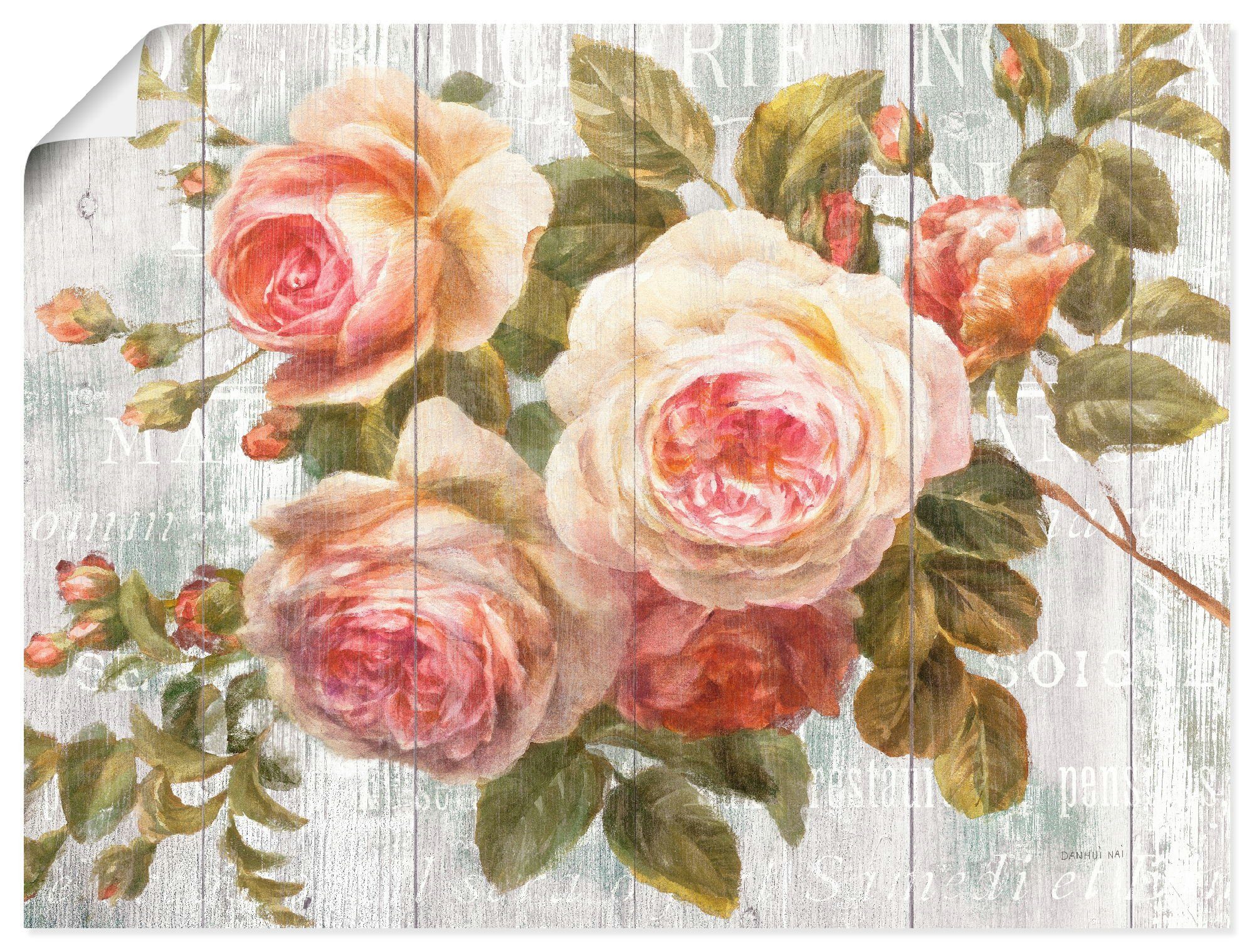 Artland Wandbild Vintage Rosen auf Holz, Blumen (1 St), als Leinwandbild, Poster, Wandaufkleber in verschied. Größen
