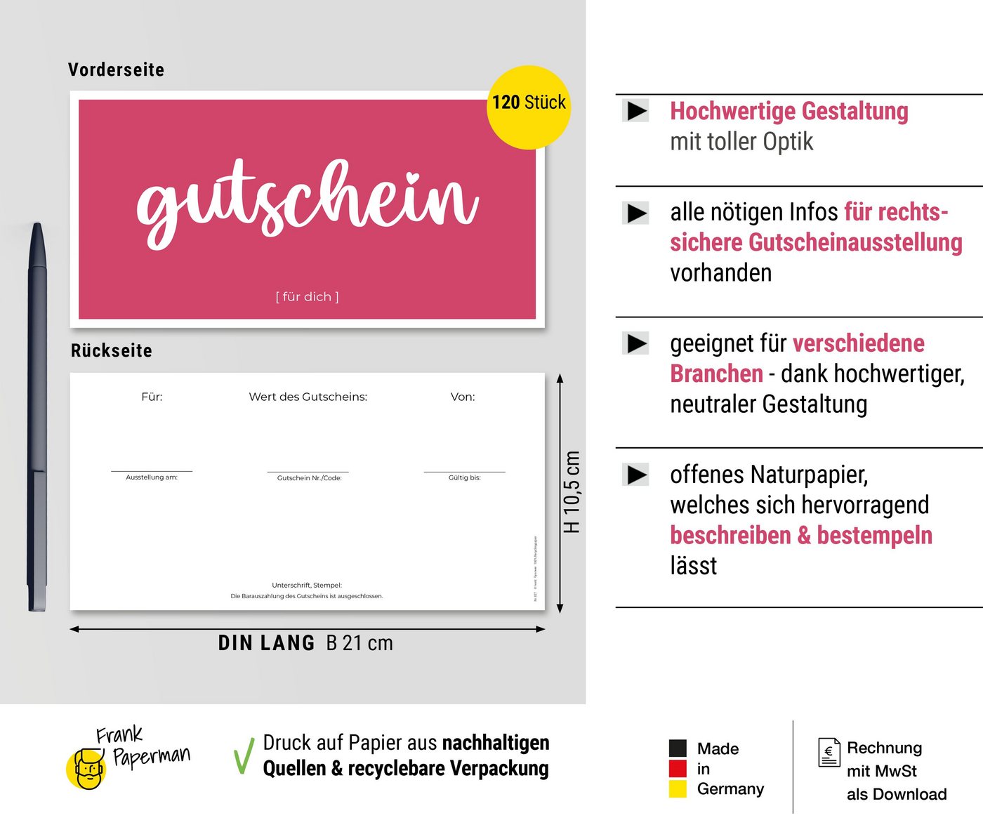 Thumbnail - Frank Paperman Geschenkkarte, Gutschein für Kunden, Magenta, zum selbst Ausfüllen, Gutscheinkarten, Geschenkgutschein Na...